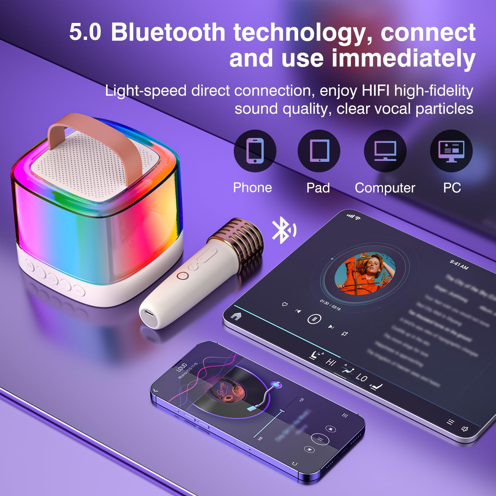 Bunter Bluetooth-Lautsprecher mit Mikrofon, Tablet und Smartphone.