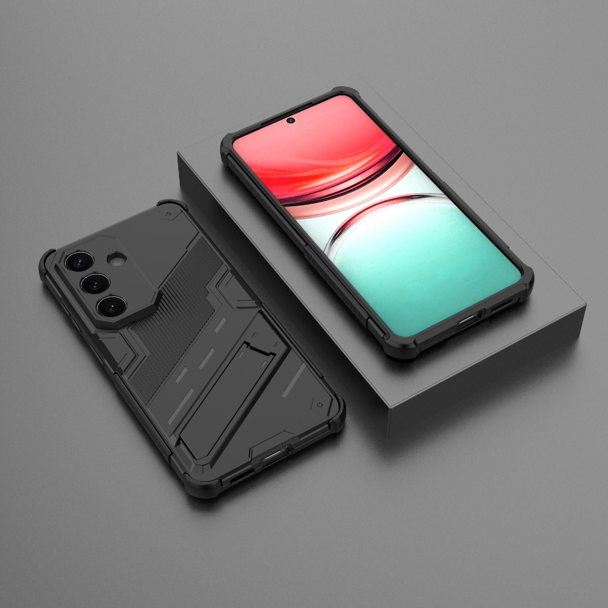 Dos fundas de teléfono negras sobre una superficie gris.