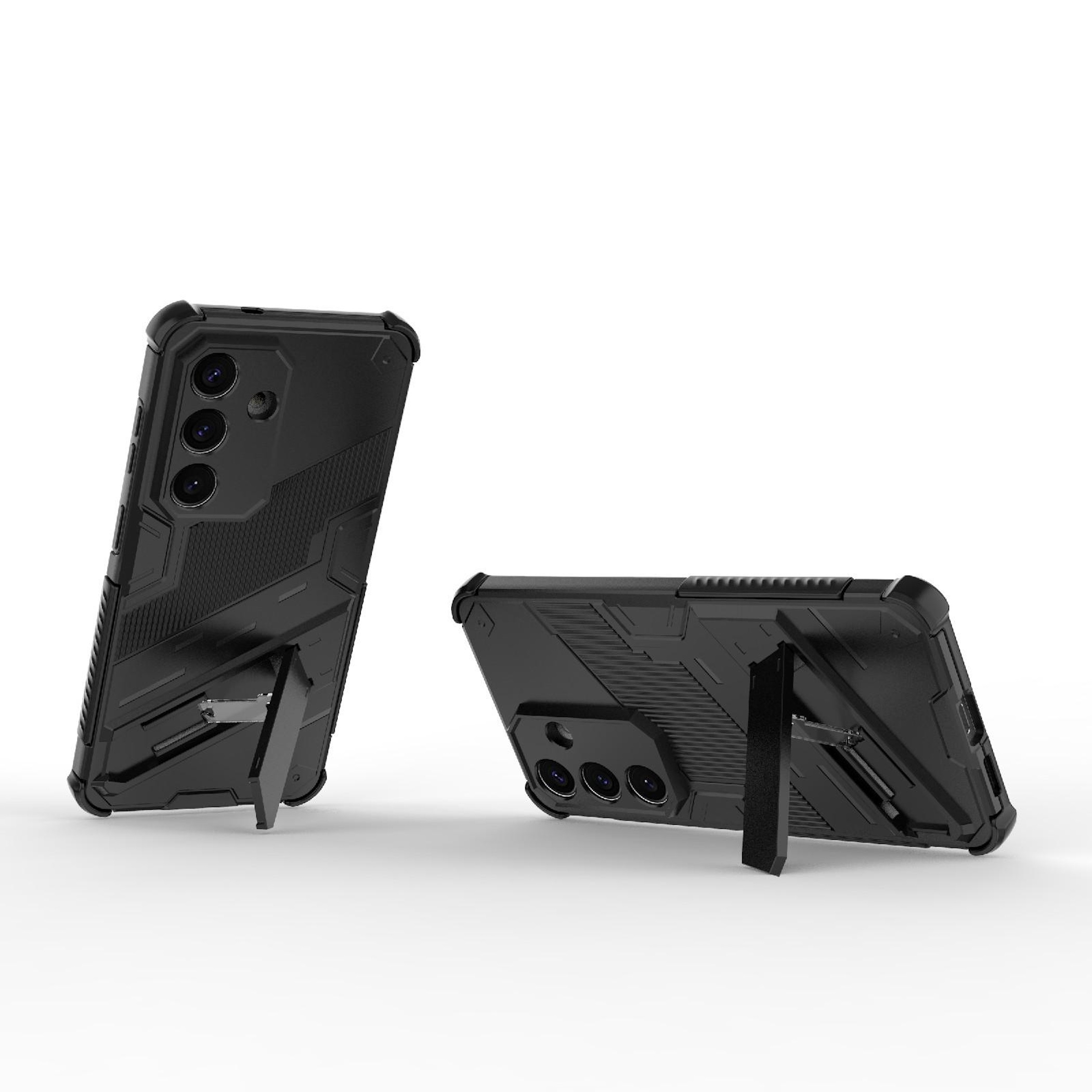 Dos fundas de teléfono negras con soportes integrados sobre fondo blanco.