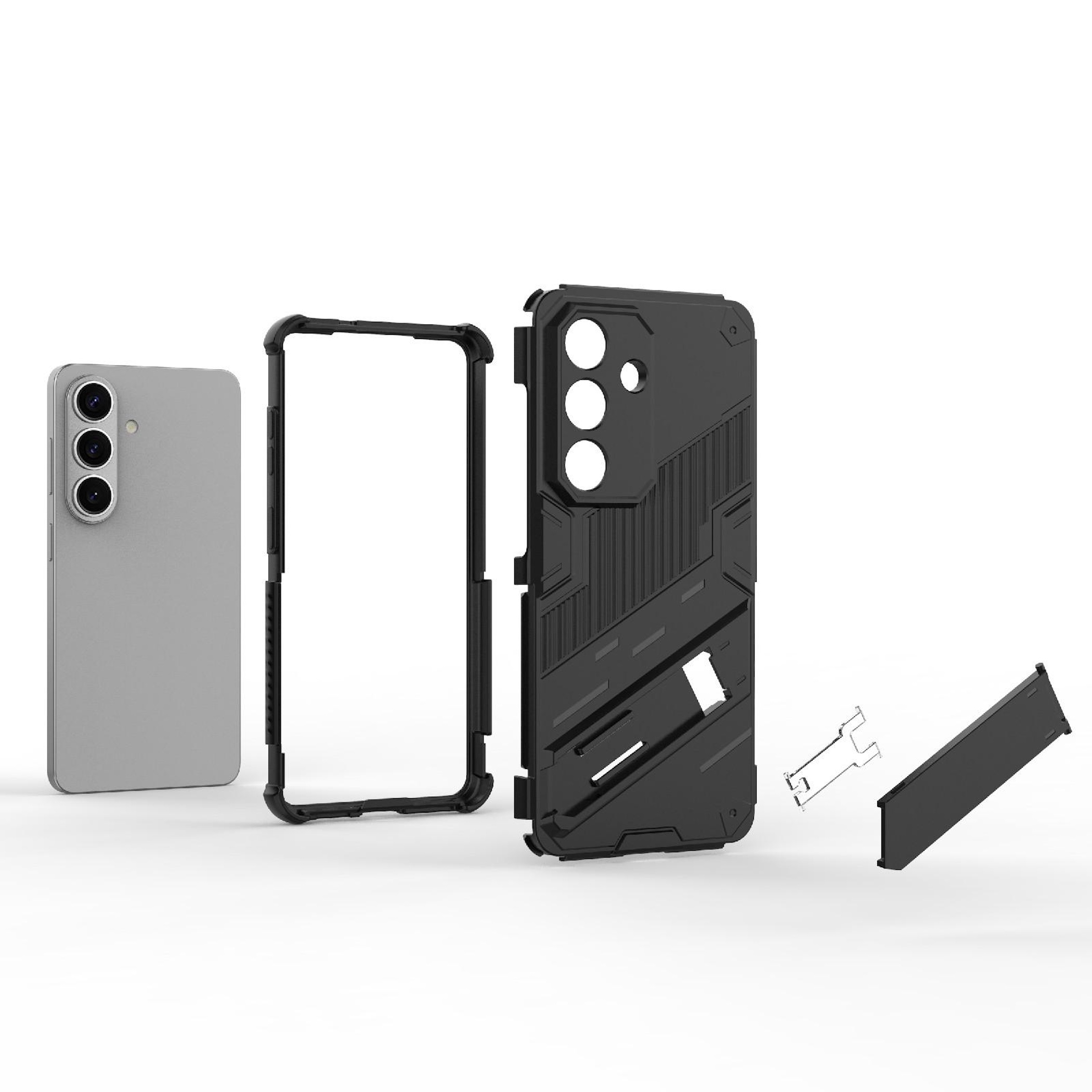 Un smartphone plateado con tres cámaras, junto a un marco protector y funda negros.