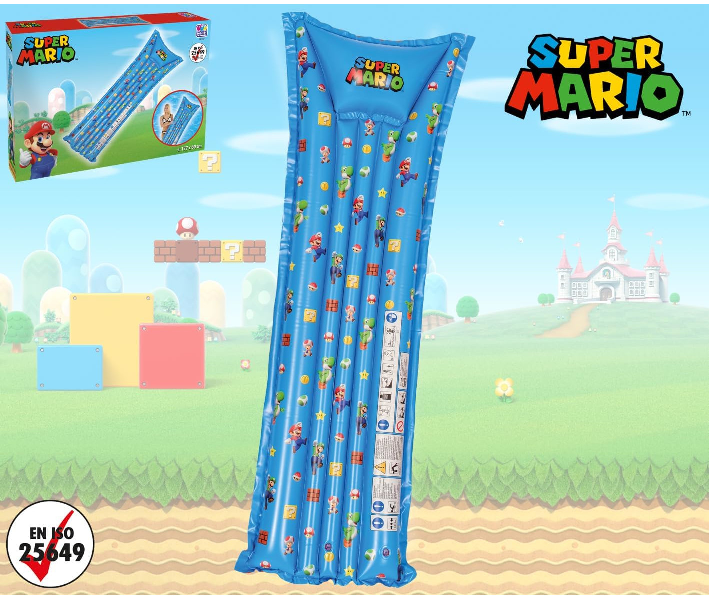 Aufblasbare Super Mario-Matratze mit Charakteren, vor einer Spielkulisse.