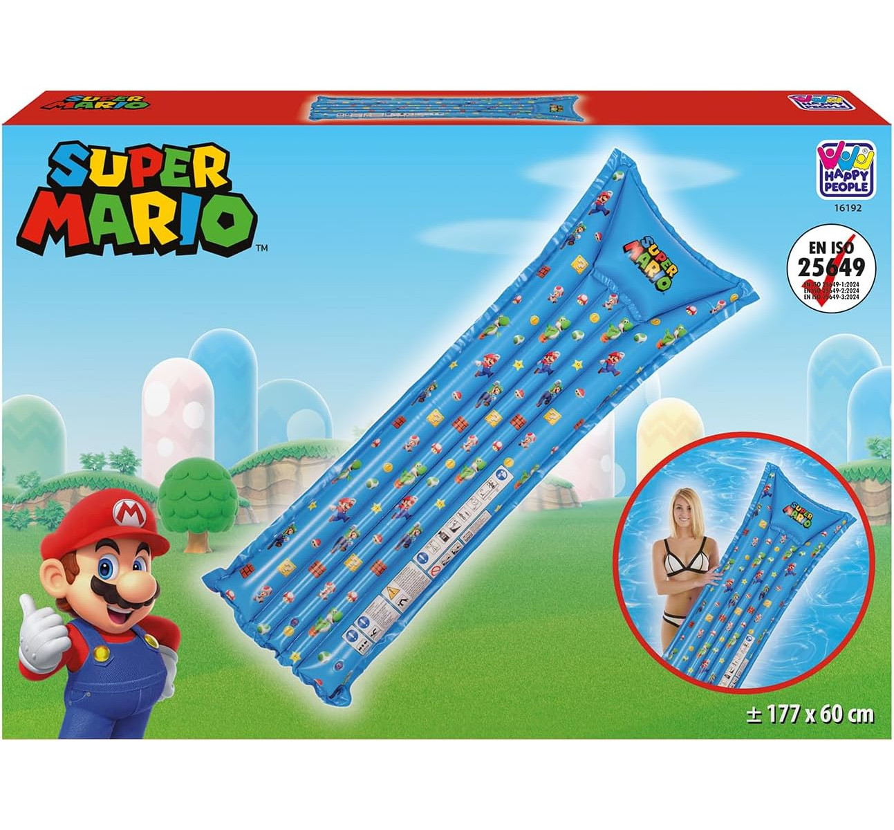 Super Mario aufblasbare Luftmatratze mit Charakter-Motiven auf blauem Hintergrund.