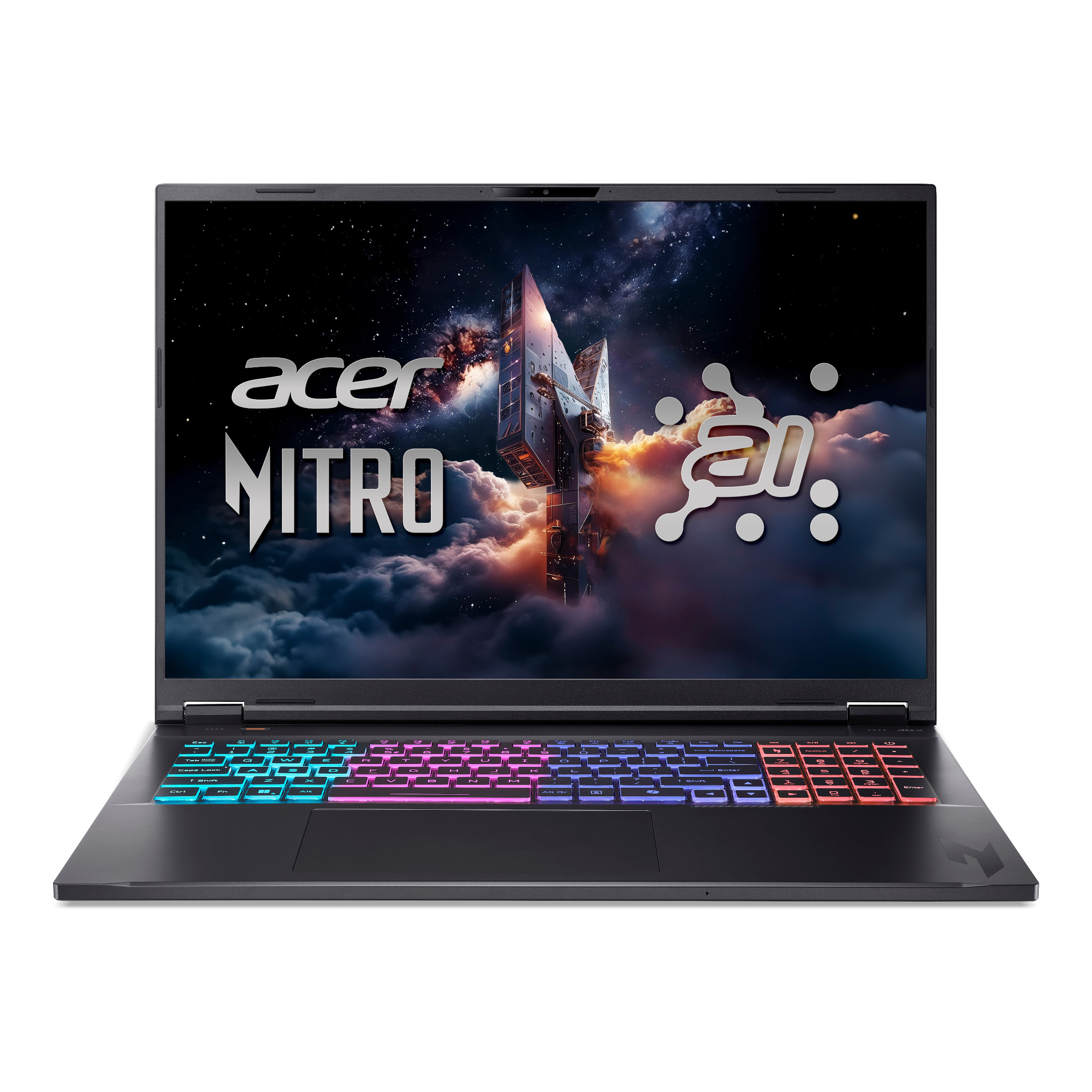 Ein geöffneter Laptop mit beleuchteter Tastatur und einem Weltraum-Thema auf dem Bildschirm.