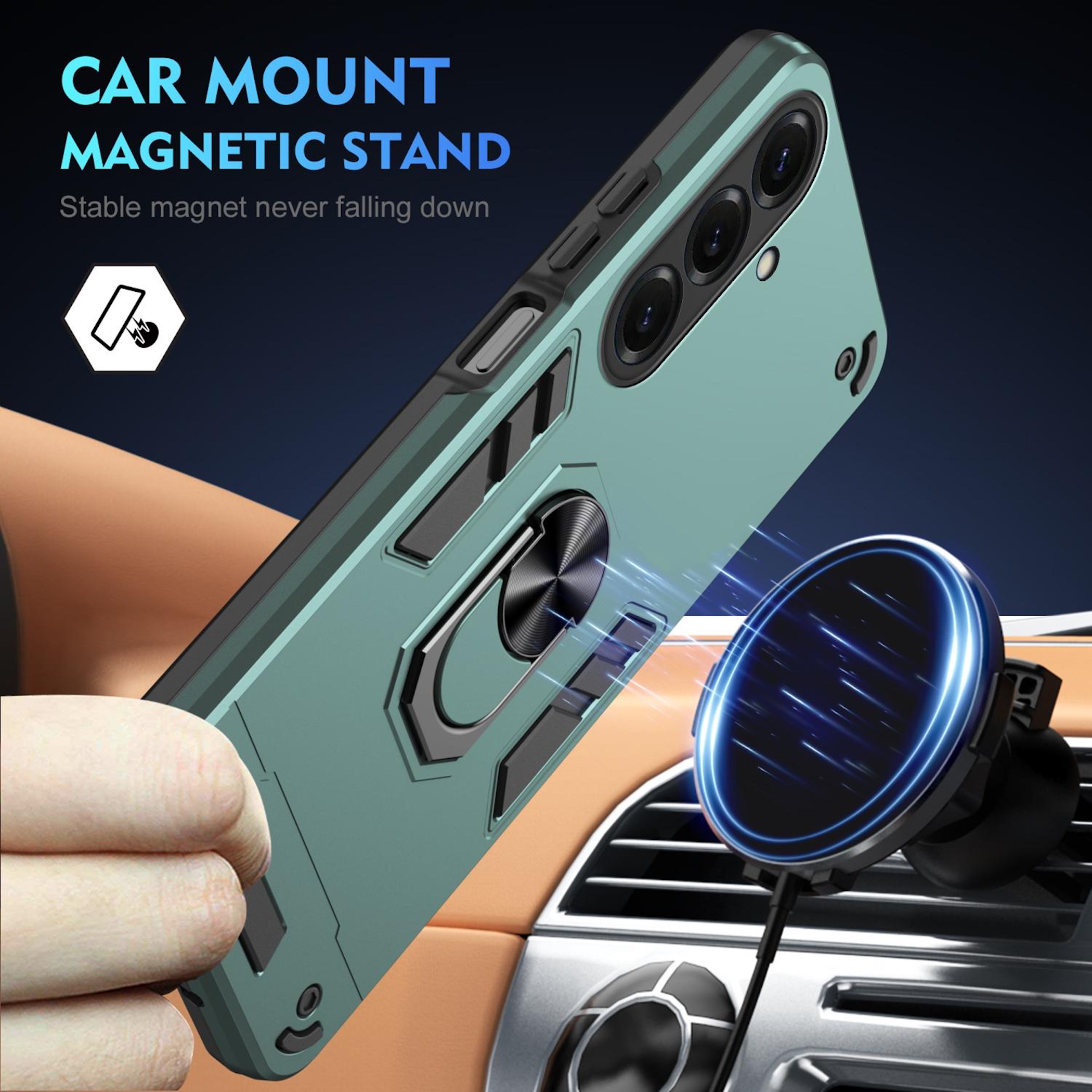 Ein grünes Handy mit magnetischer Autohalterung in einem Auto.