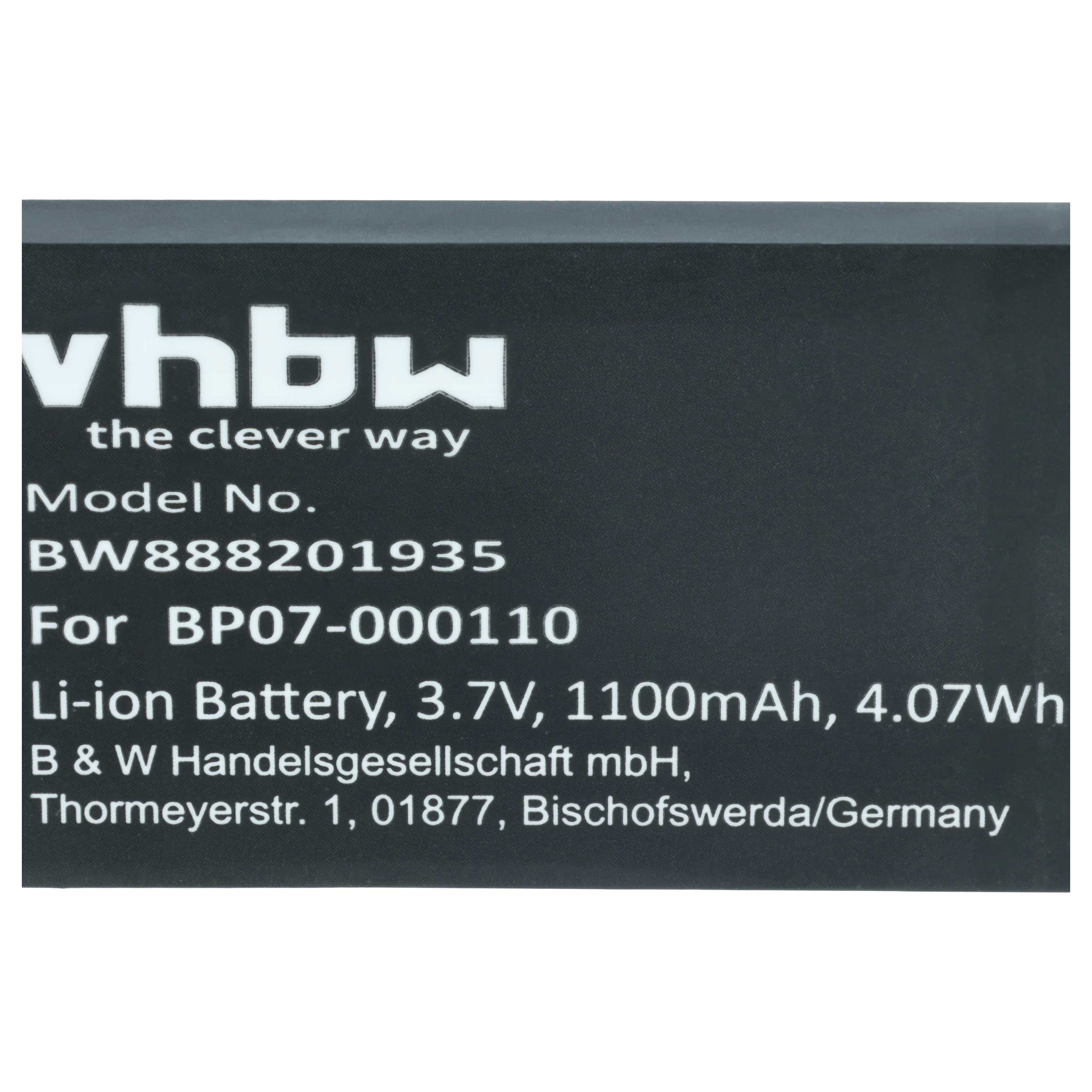 Vorderseite einer schwarzen Batterie mit weißem Text.