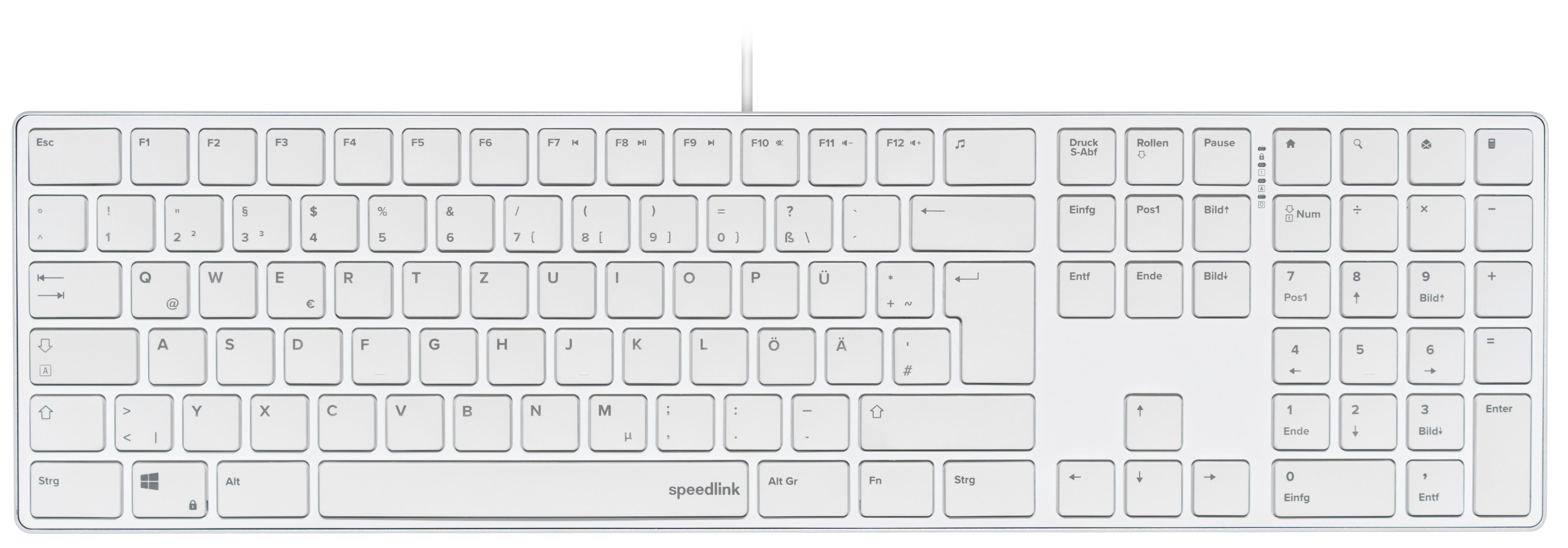 Una tastiera QWERTZ bianca con tastierino numerico. Sfondo bianco.