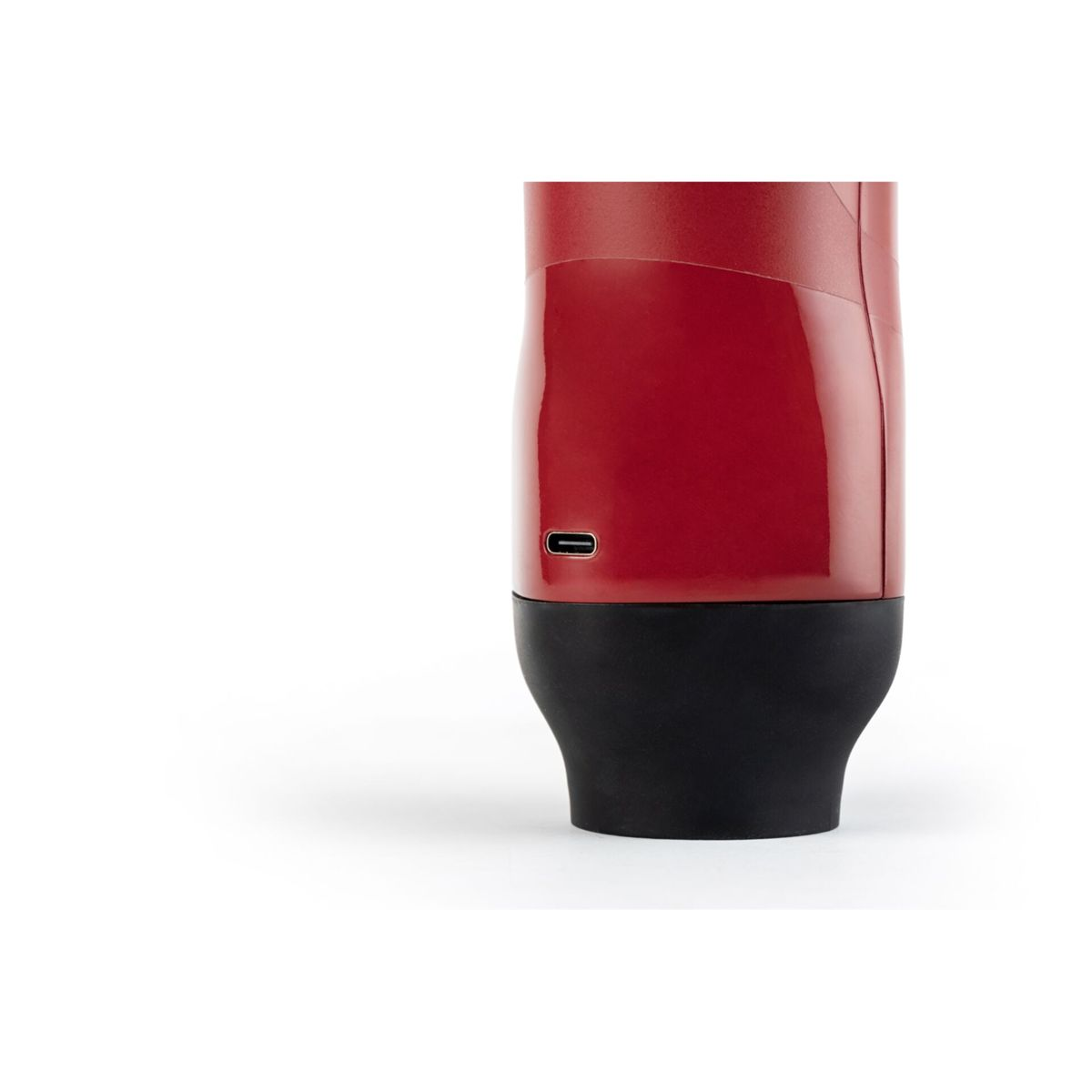 Ein rotes Gerät mit schwarzem Sockel und USB-C-Anschluss.
