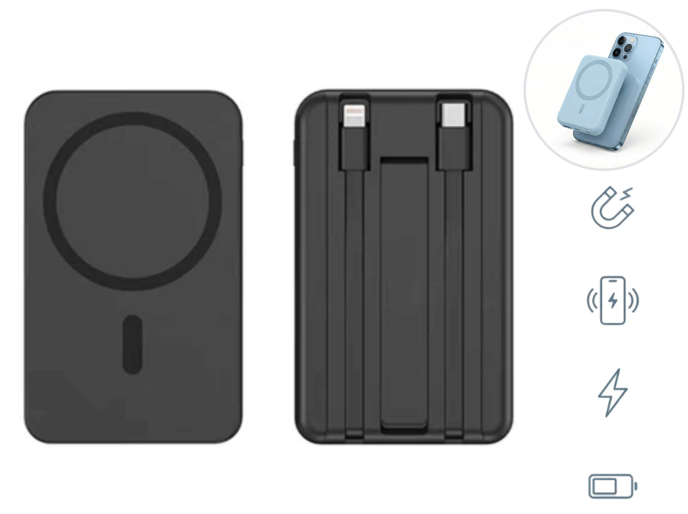 Schwarzes Ladegerät mit Kabeln und magnetischer Handyhalterung.