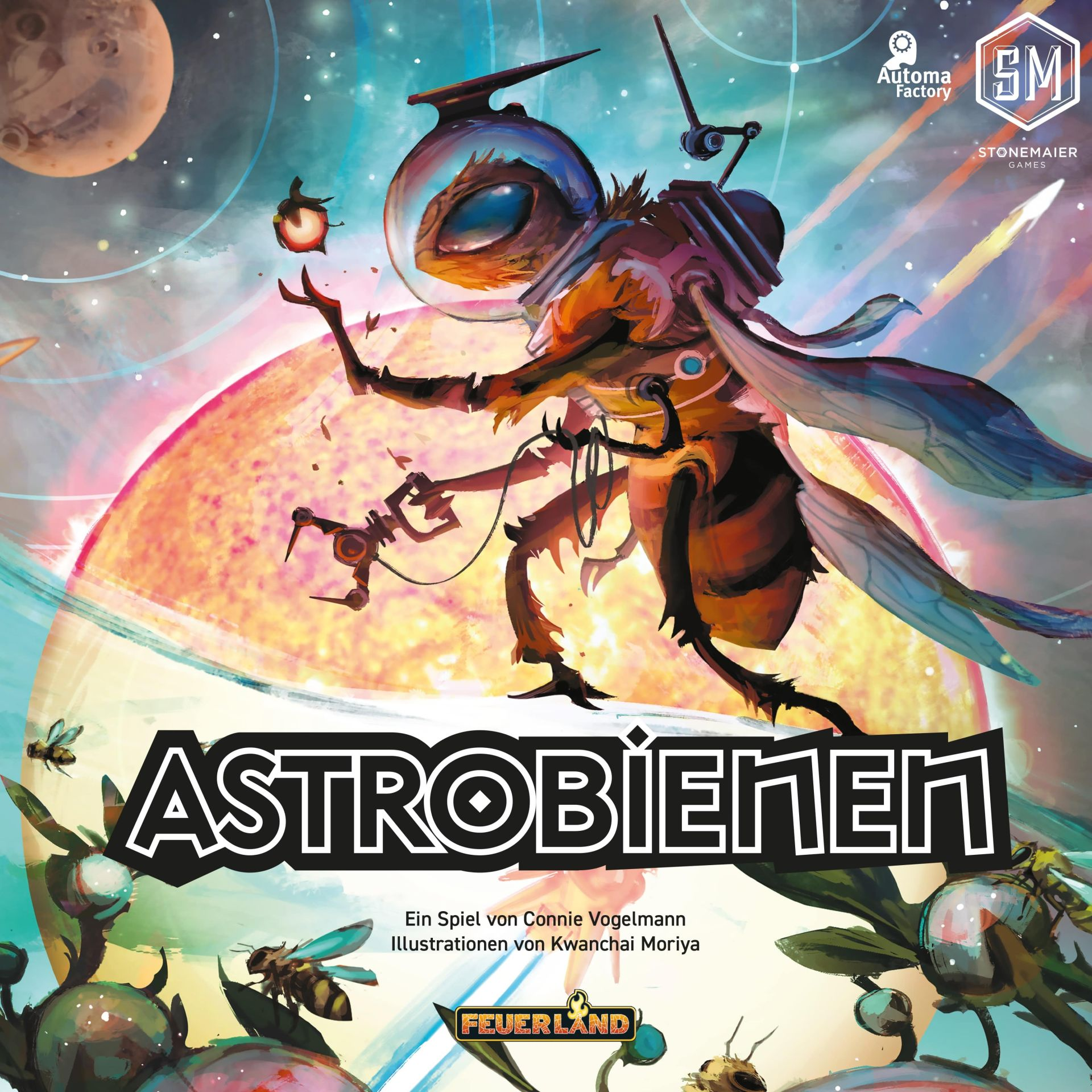 Weltraumfliegende Biene mit Helm, im Hintergrund Planeten und Nebel.
