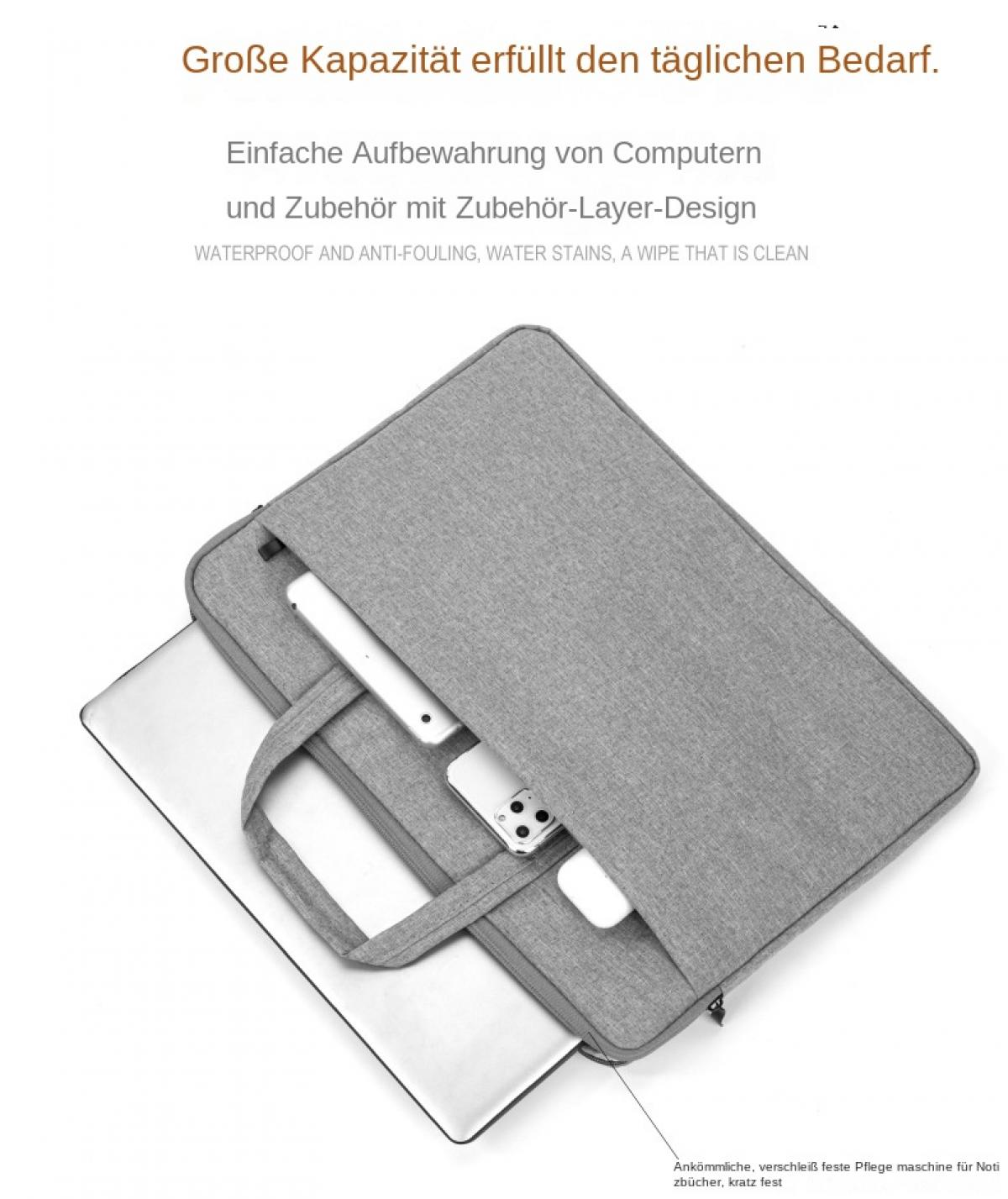 Graue Laptoptasche mit Laptop, Smartphone und Tablet im Fach.