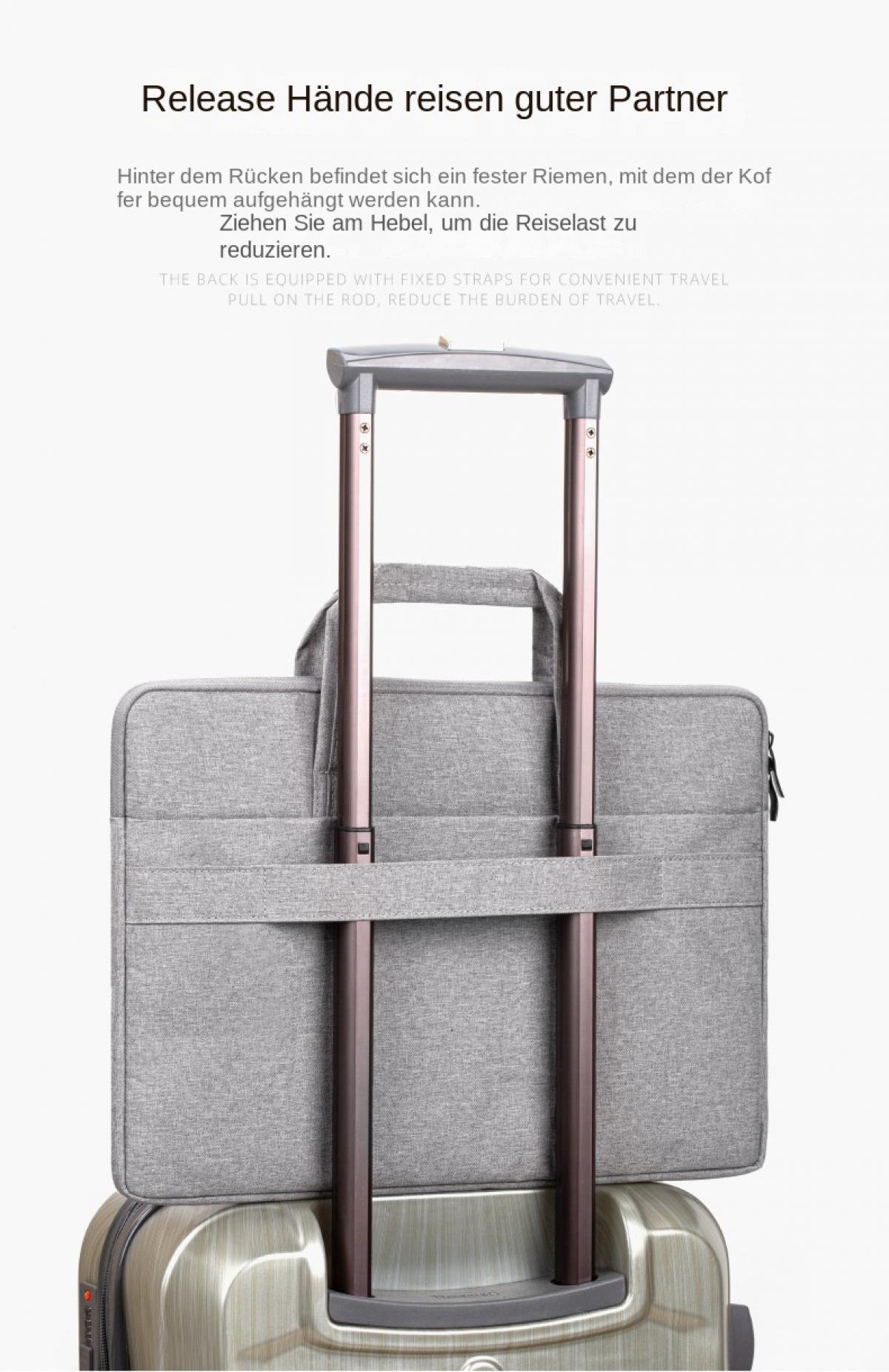 Graue Reisetasche auf einem Koffer mit ausziehbarem Griff.