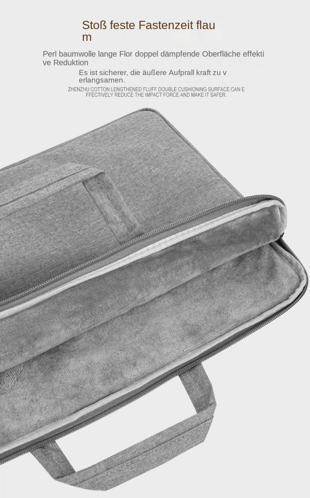 Graue Laptoptasche mit Reißverschluss und weichem Futter. Griffe oben.