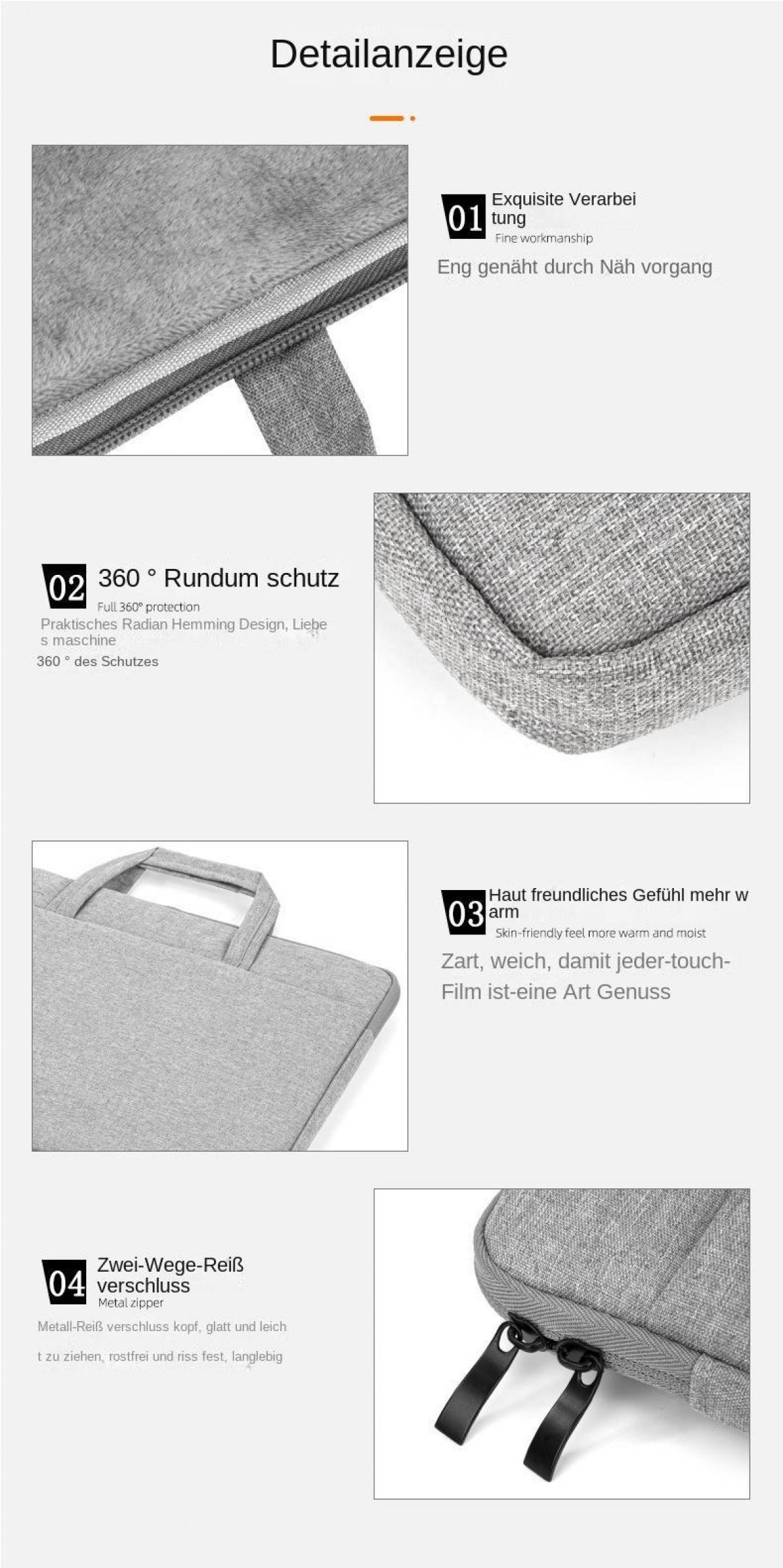 Graue Laptoptasche mit feiner Naht, 360 Grad Schutz, weiche Haptik und Doppelreißverschluss.