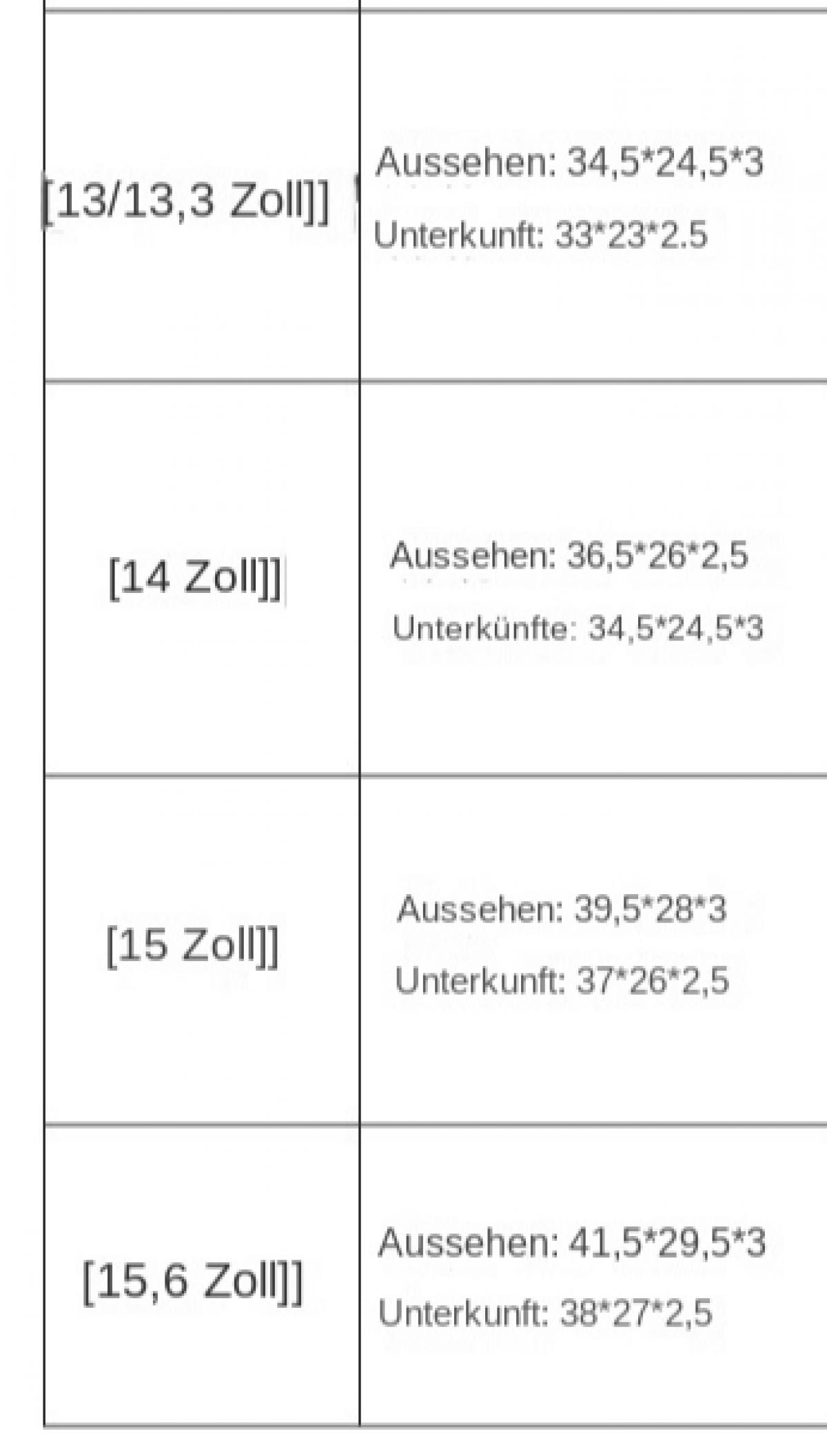 Größentabelle mit Zollangaben und Maßen in cm.