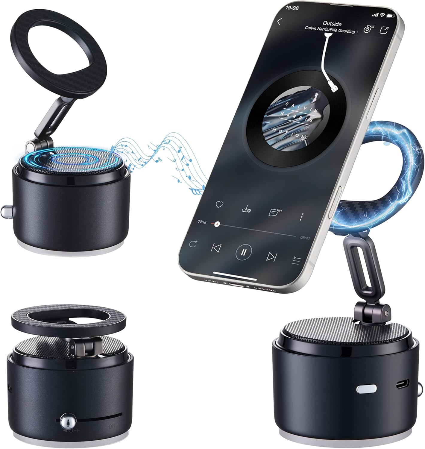 Ein schwarzer Lautsprecher hält ein Smartphone mit Musik-App. Oben und unten.