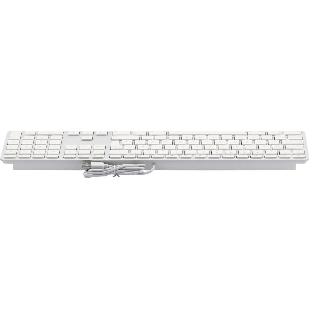 Una tastiera bianca per computer con cavo USB.