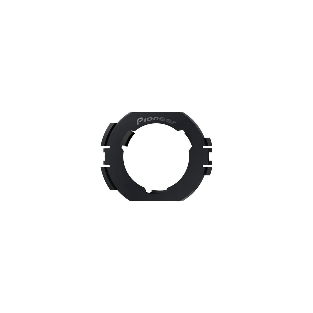 Schwarzer Pioneer-Adapterring mit Schlitzen und Logo.