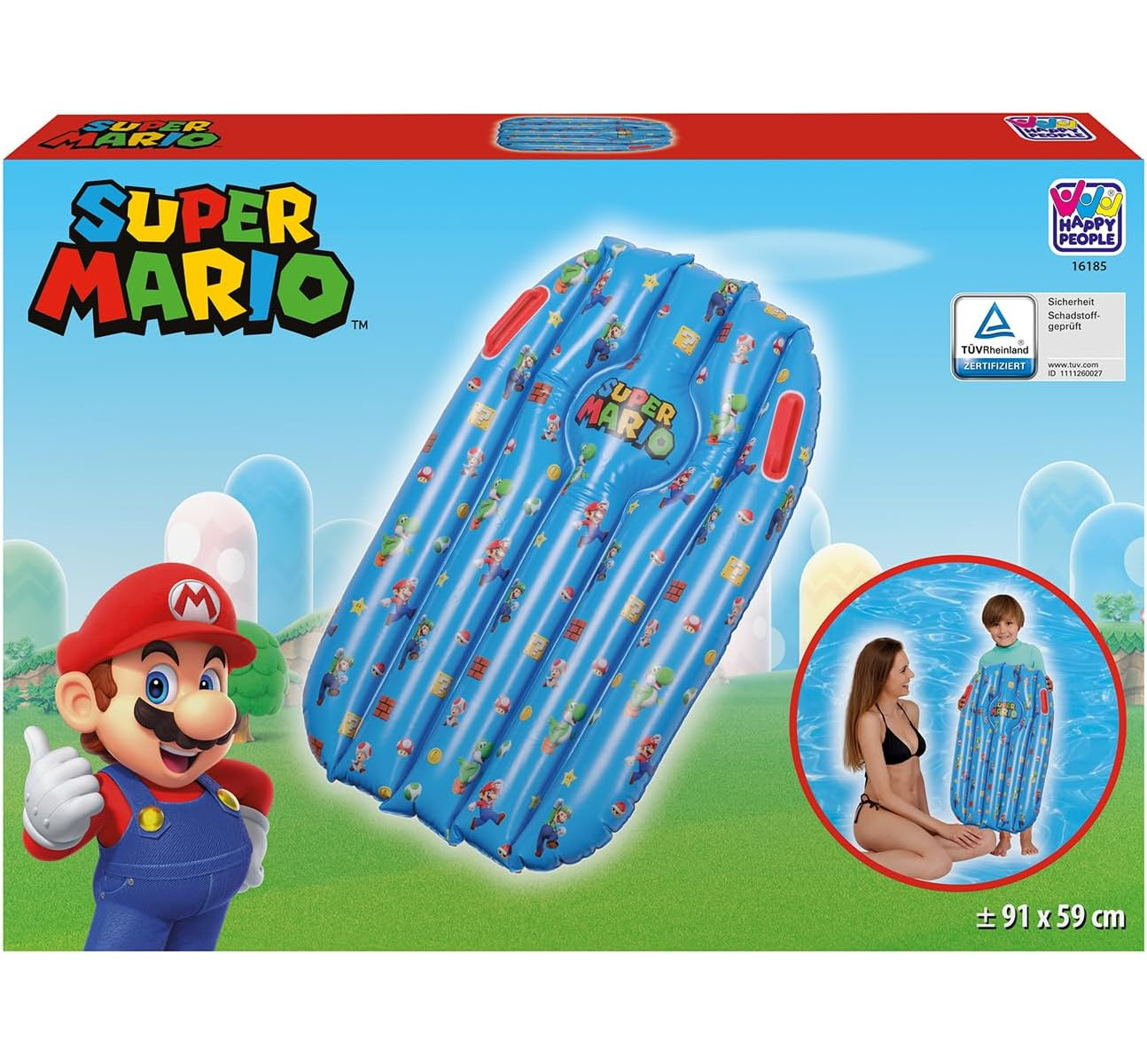 Super Mario aufblasbare Schwimmhilfe mit Bildern von Mario und Freunden.