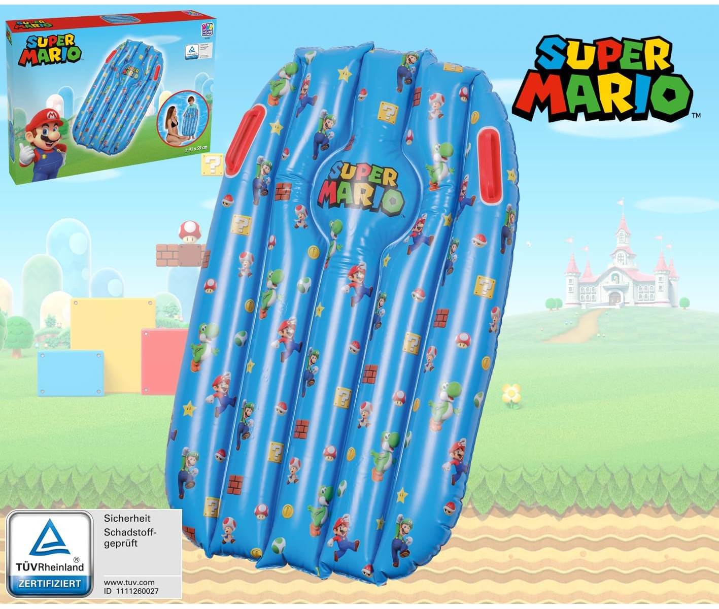 Aufblasbare Super Mario-Matratze mit Charakteren und Pilzen auf blauem Hintergrund.
