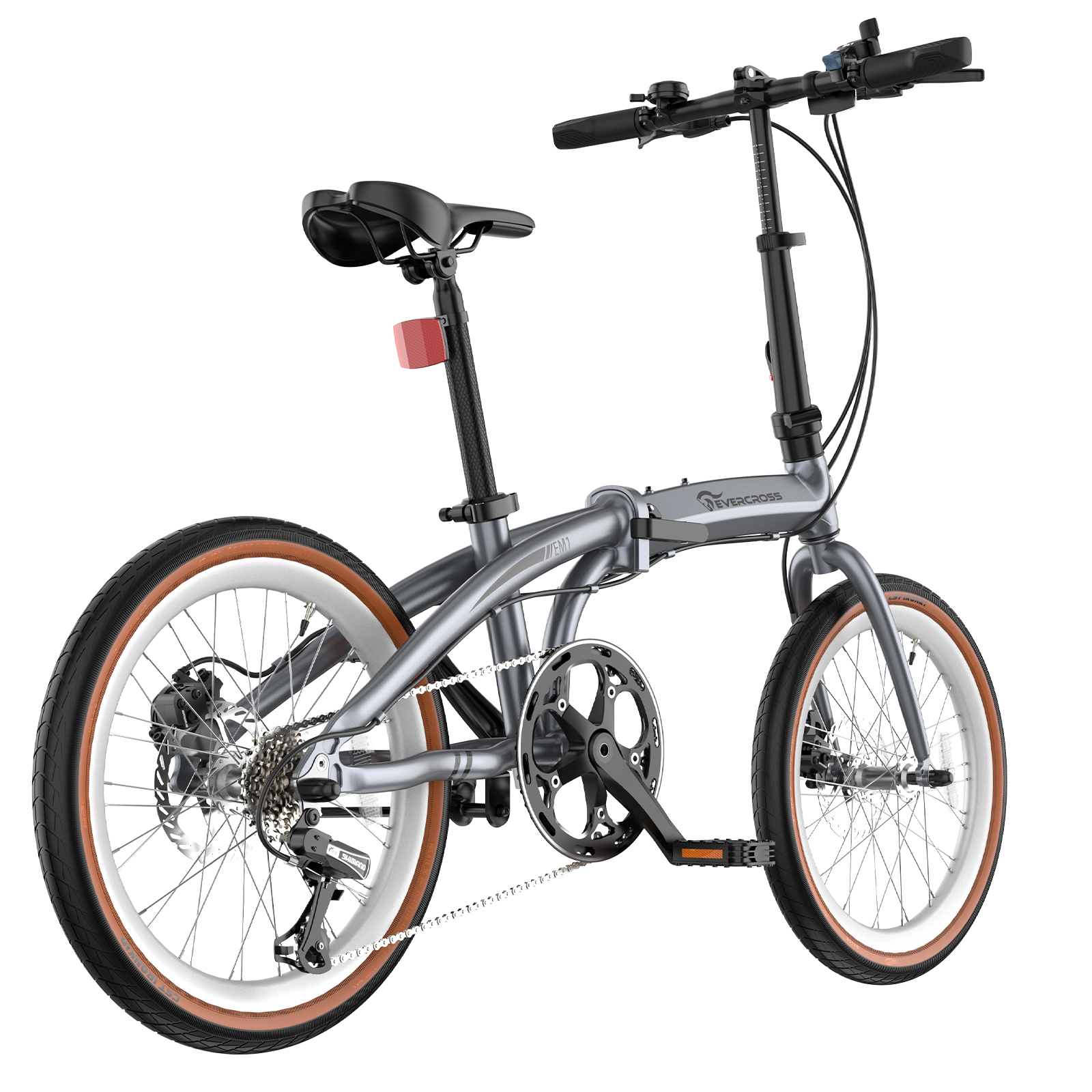 Ein graues faltbares Fahrrad mit schwarzen Akzenten und braunen Reifen, isoliert auf weißem Hintergrund.