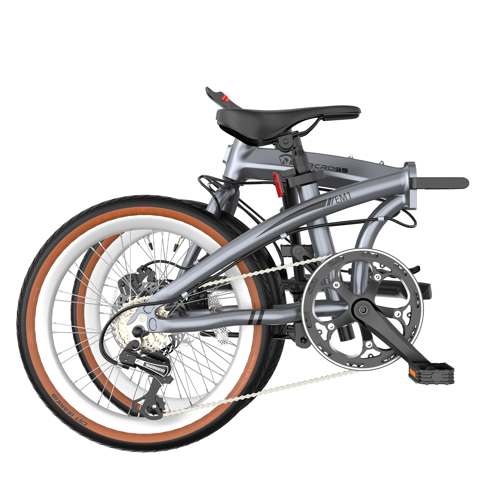 Graues faltbares Fahrrad mit braunen Reifen, schwarzem Sattel und Kette.