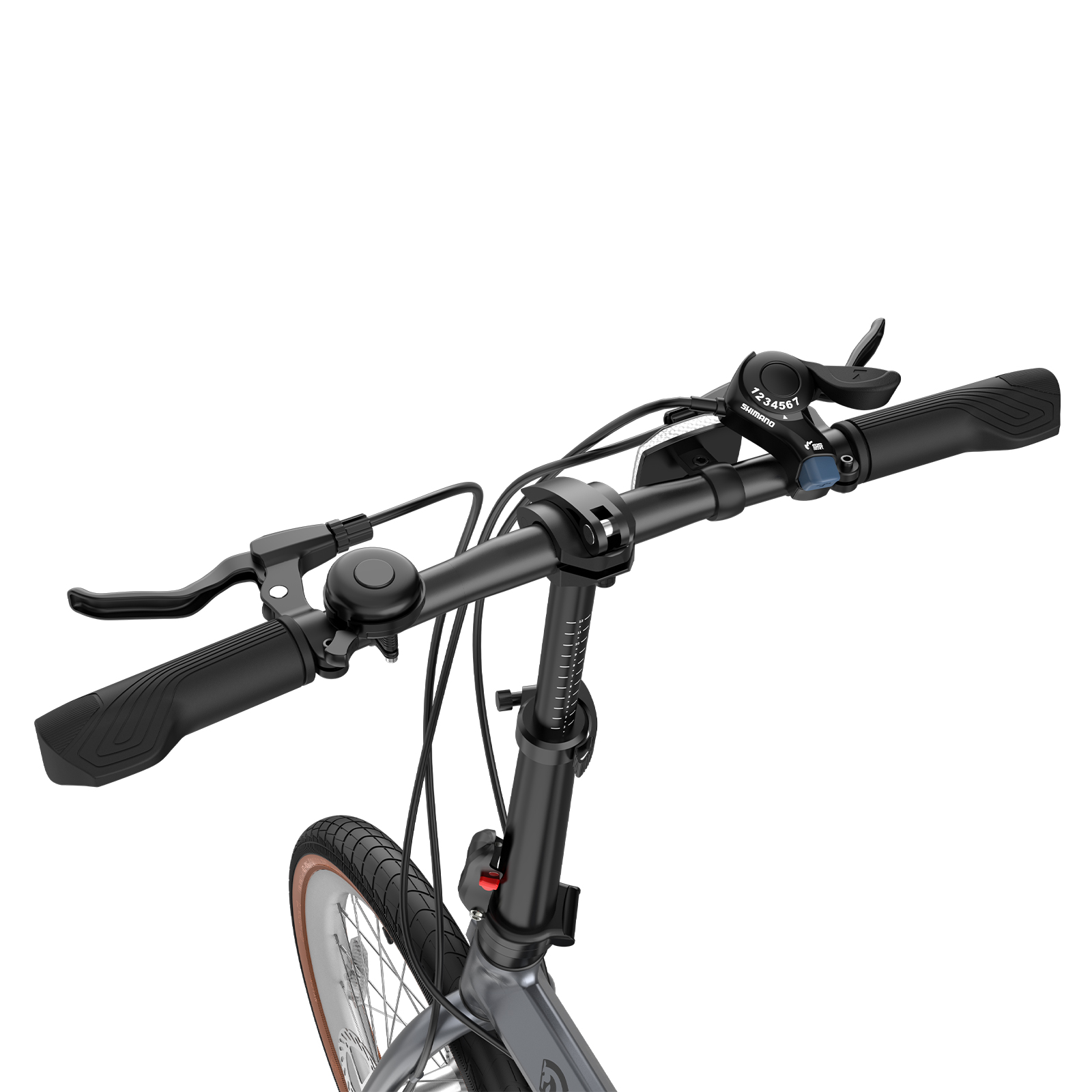 Graues Fahrrad-Lenkerteil mit Griffen, Klingel, Bremshebel und Schalthebel.