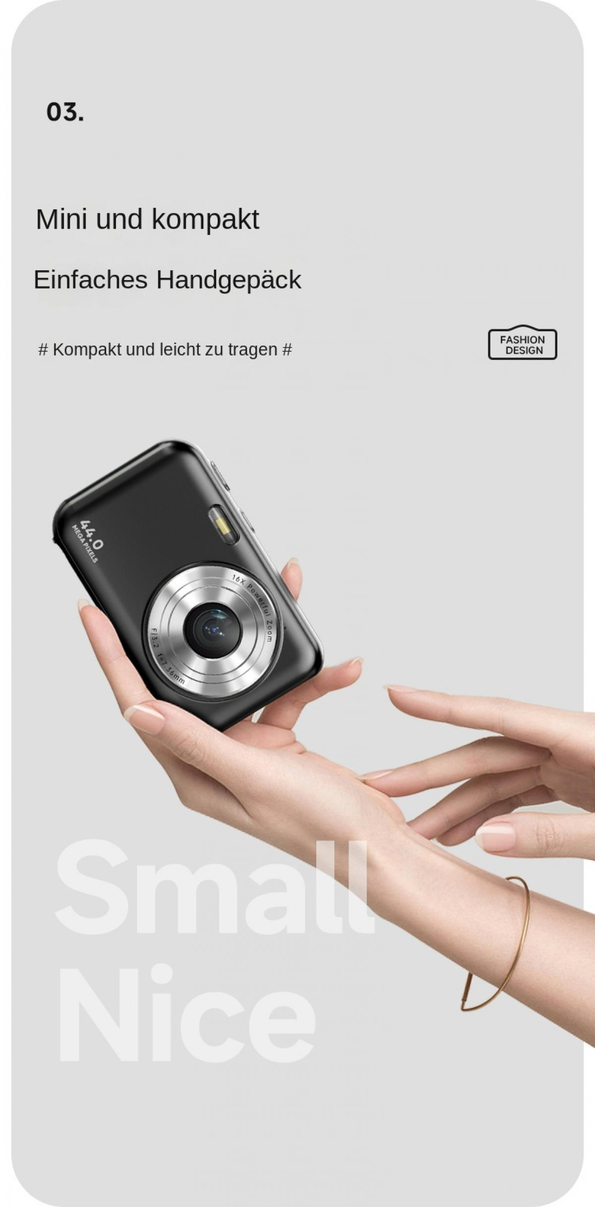 Eine Hand hält eine kompakte schwarze Digitalkamera mit silberner Lünette.