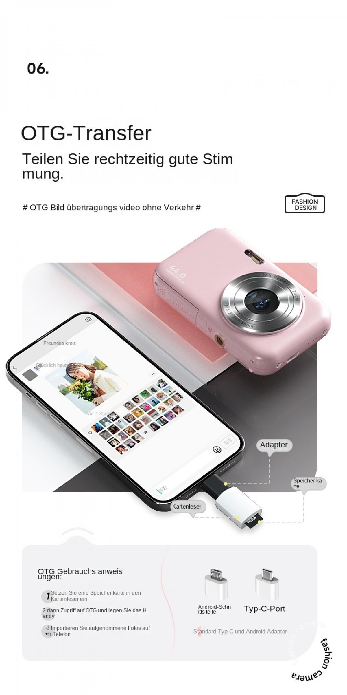 Ein rosa Digitalkamera und ein Smartphone sind über einen OTG-Adapter verbunden.