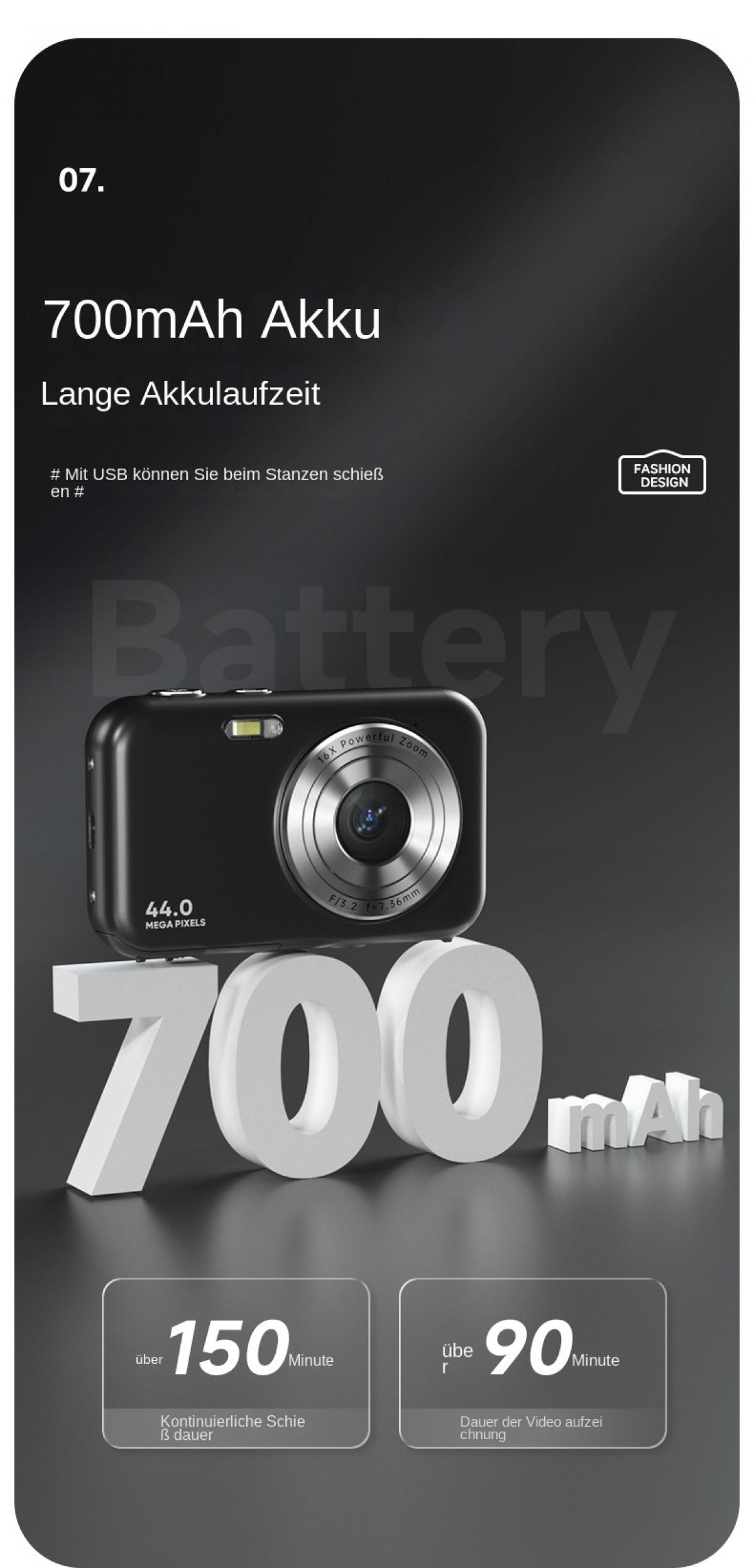Schwarz Digitalkamera mit 700mAh Akku, 44MP, 16x Zoom und langer Akkulaufzeit.