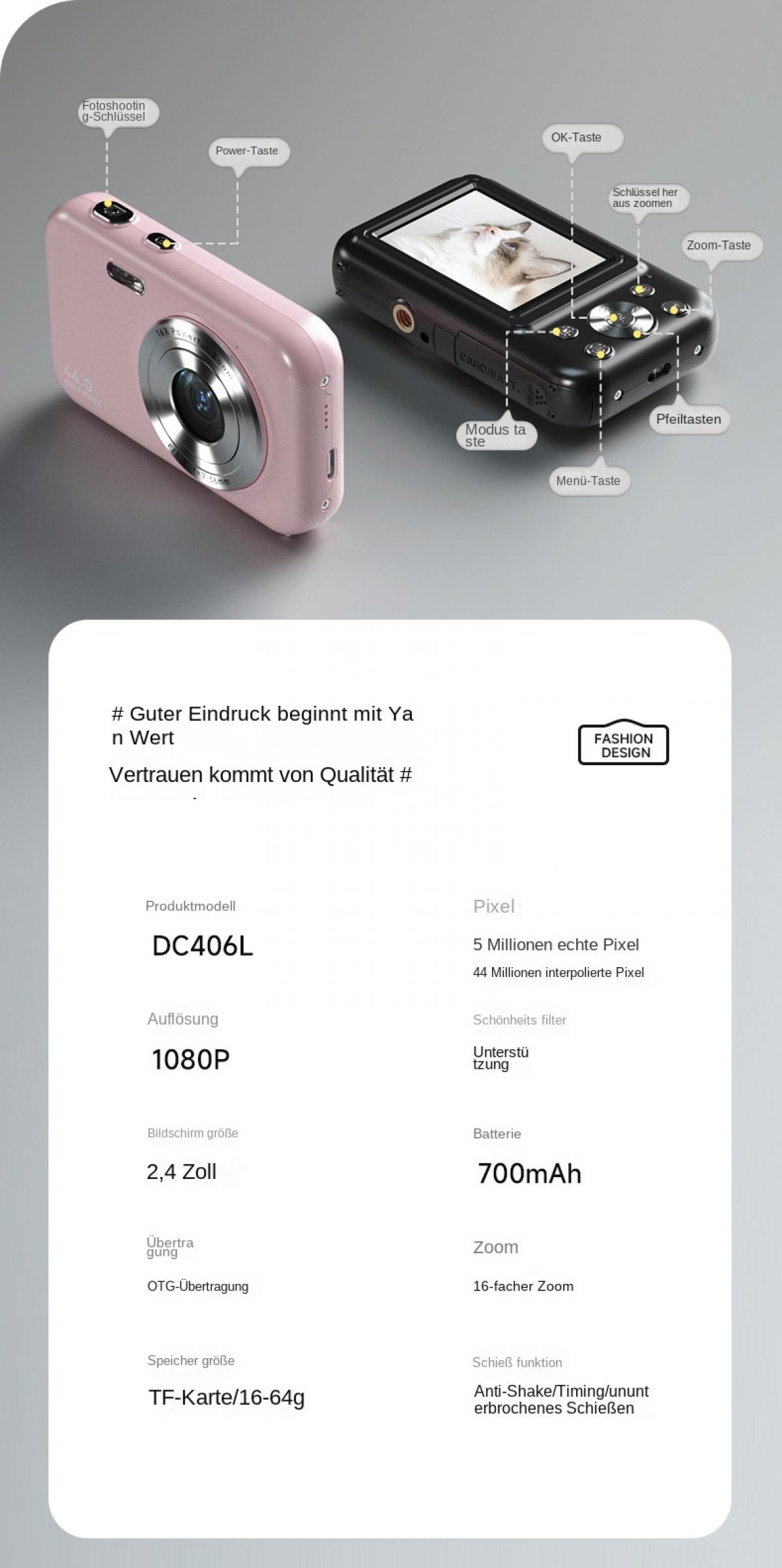 Eine rosa und eine schwarze Digitalkamera mit Beschriftungen, die Tasten und Spezifikationen zeigen.