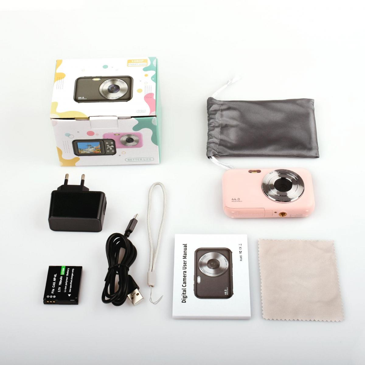 Ein pinkes Digitalcamera-Kit mit Zubehör auf weißem Hintergrund.