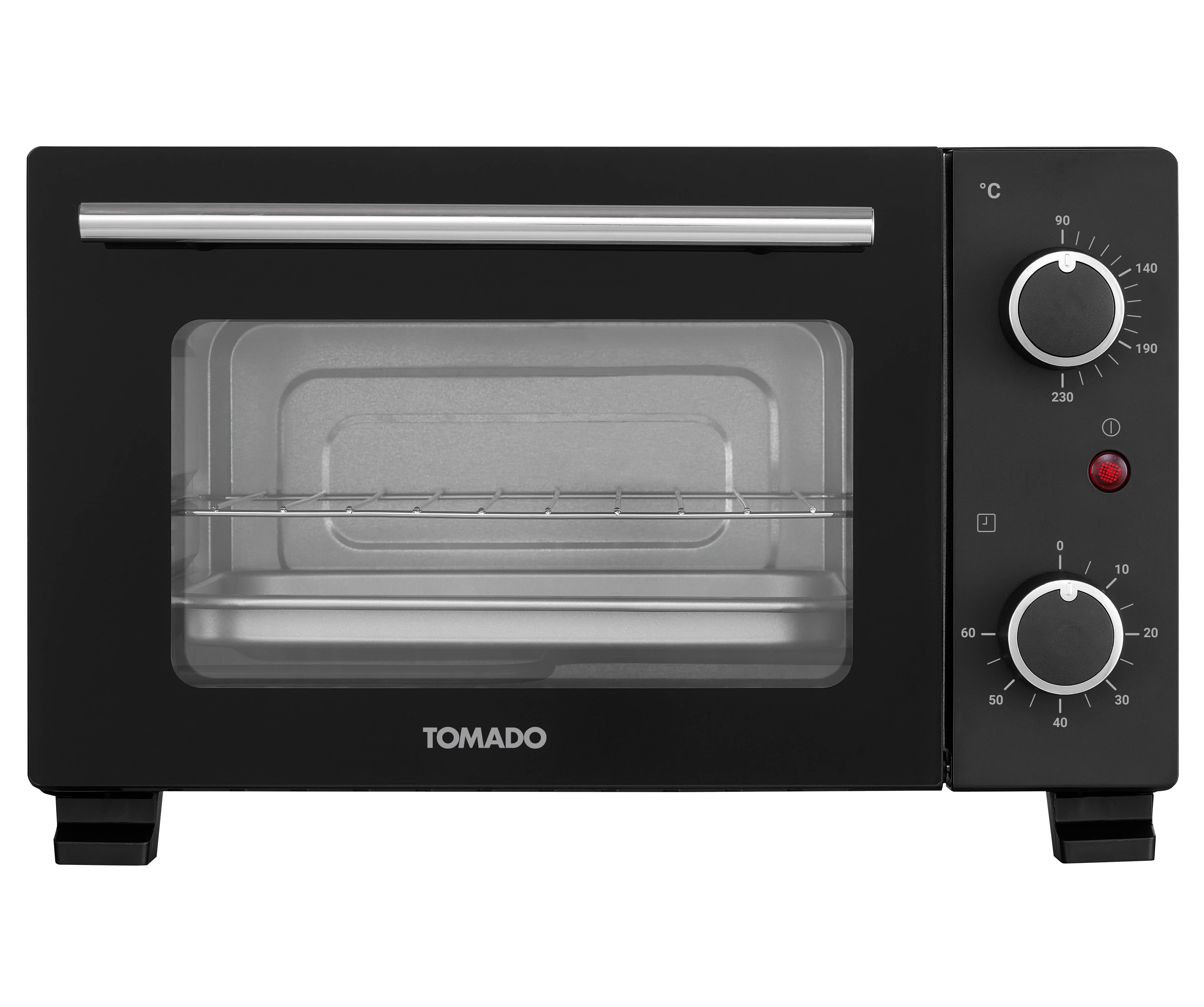 Zwarte tafeloven met zilveren handgreep en twee draaiknoppen.