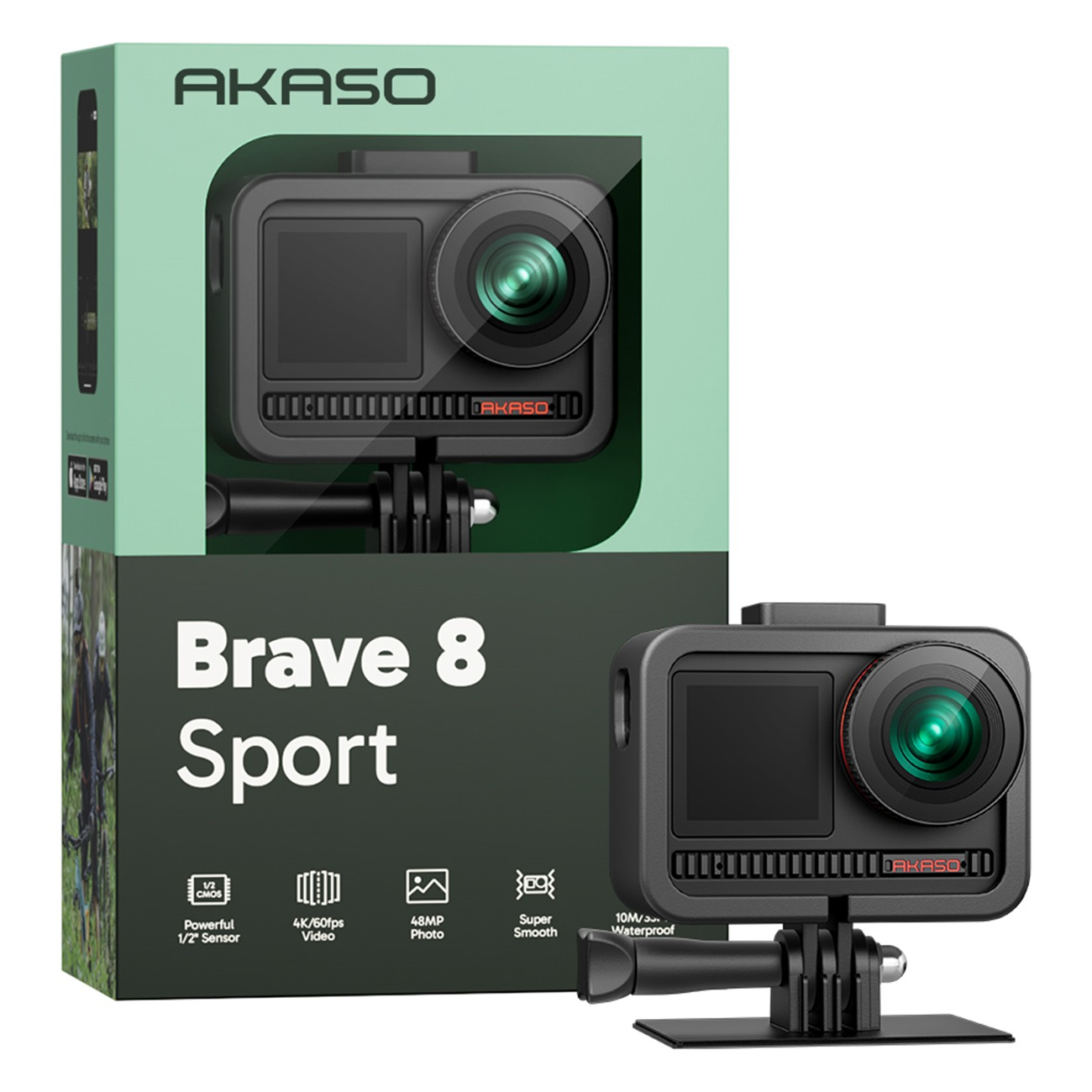 Akaso Brave 8 Sport Action-Kamera mit Box. Bietet 4K-Video, 48MP-Foto und ist wasserdicht.