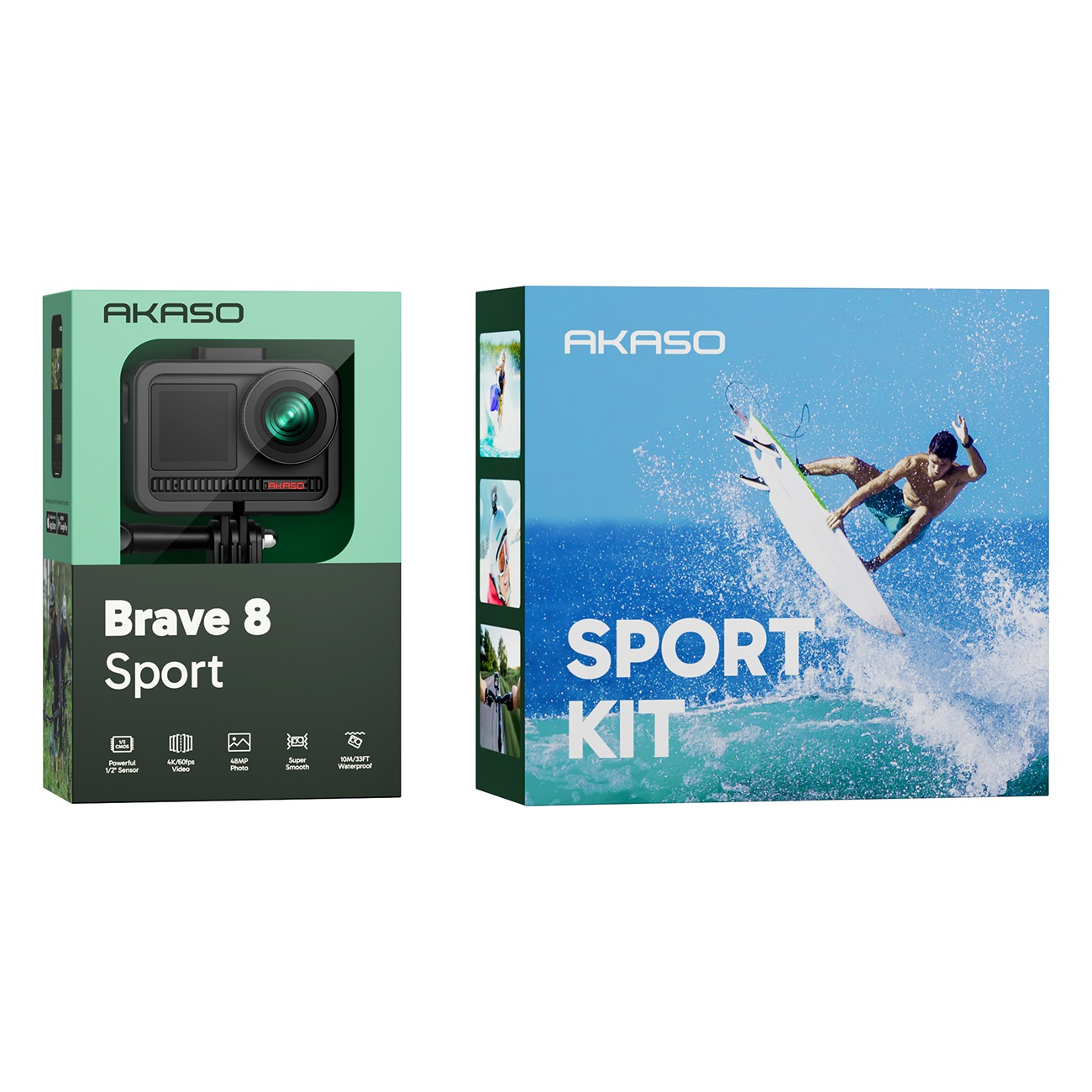 AKASO Brave 8 Sport Kamera und Sport Kit Box mit Surfer im Meer.