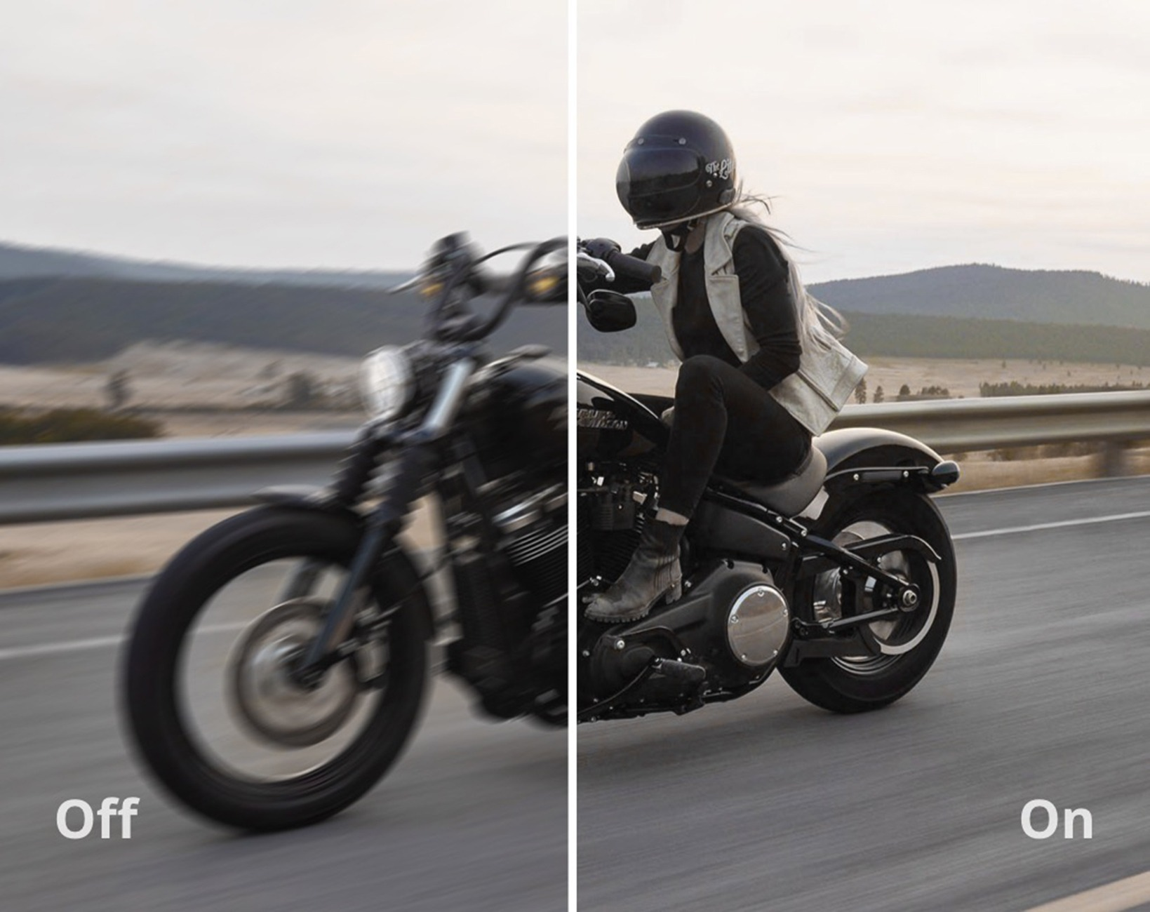 Motorrad mit Fahrer bei Tag, links "Off" und rechts "On".