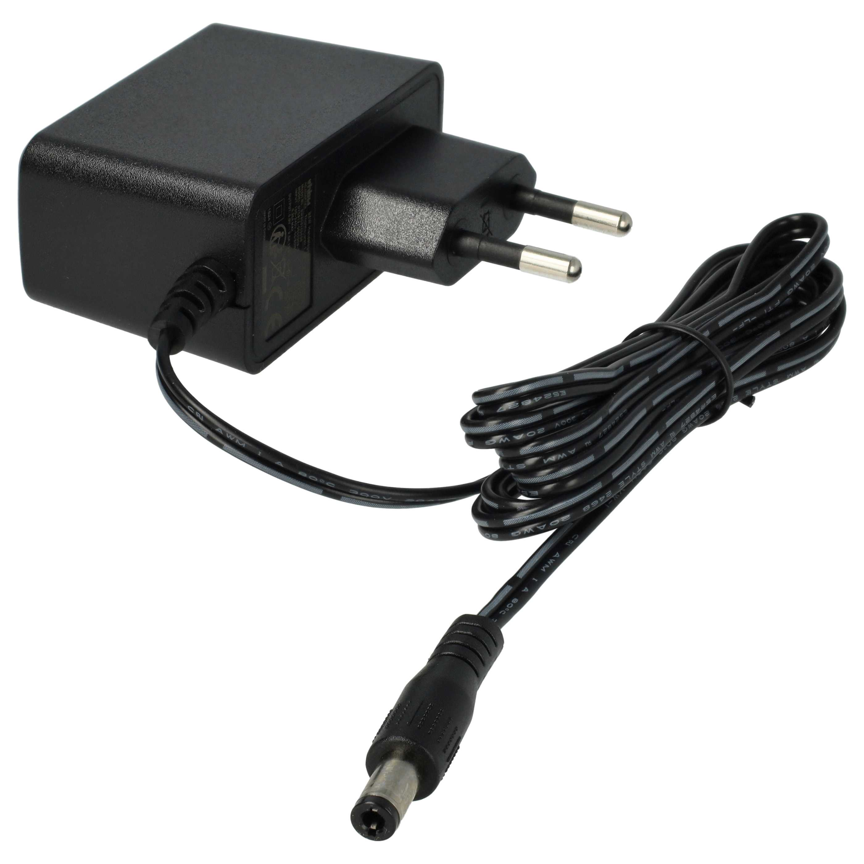 Schwarzer Netzsteckeradapter mit Kabel und DC-Stecker.