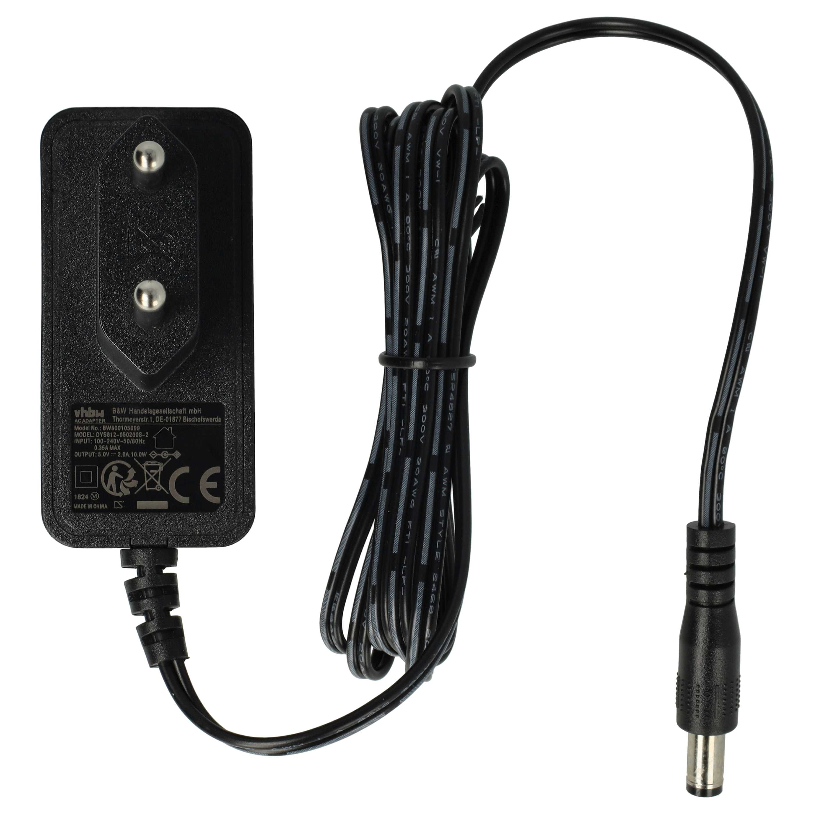 Schwarzes Netzteil mit Kabel und Stecker, weiße Beschriftung