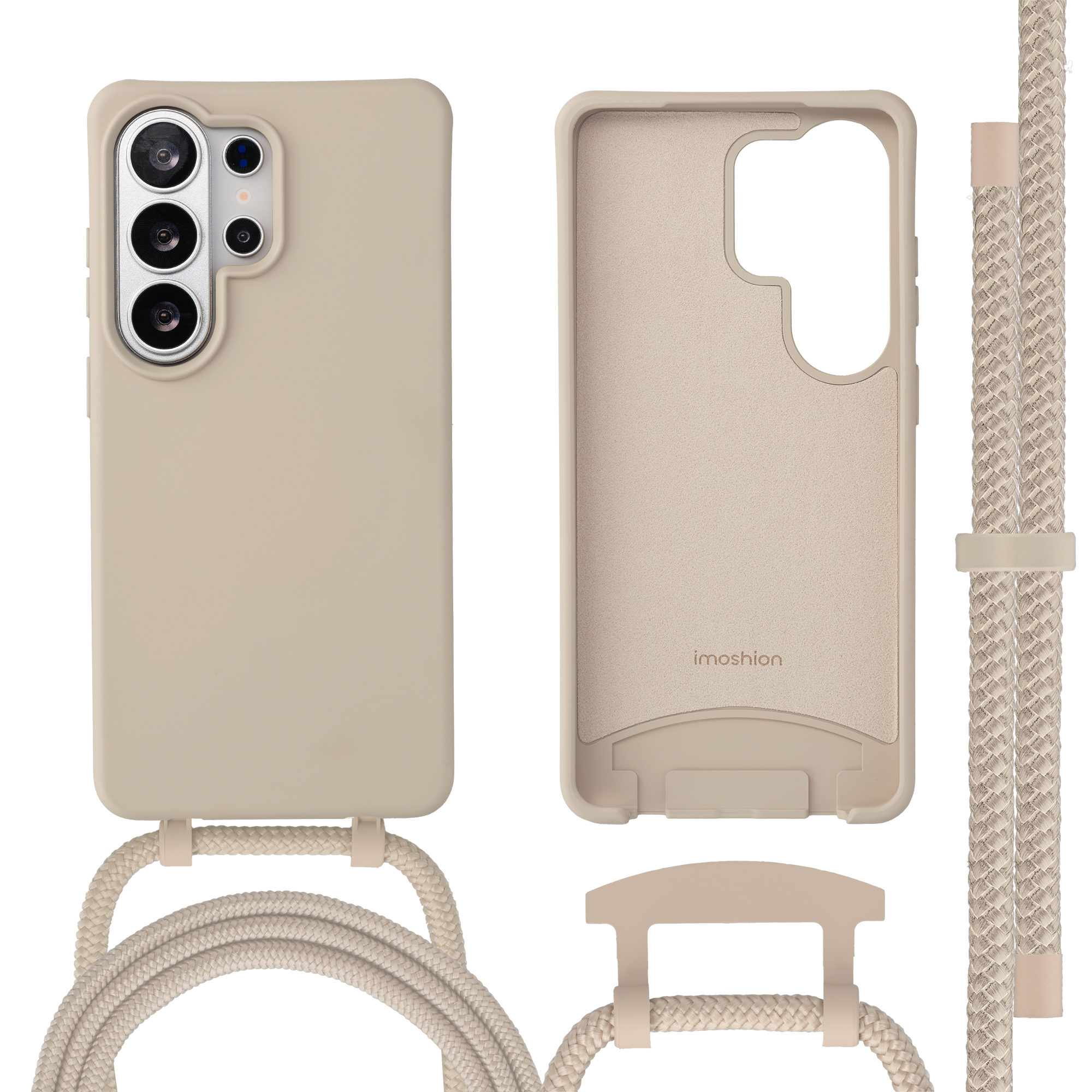 Beige telefoonhoes met camerabescherming en koord, witte close-up.