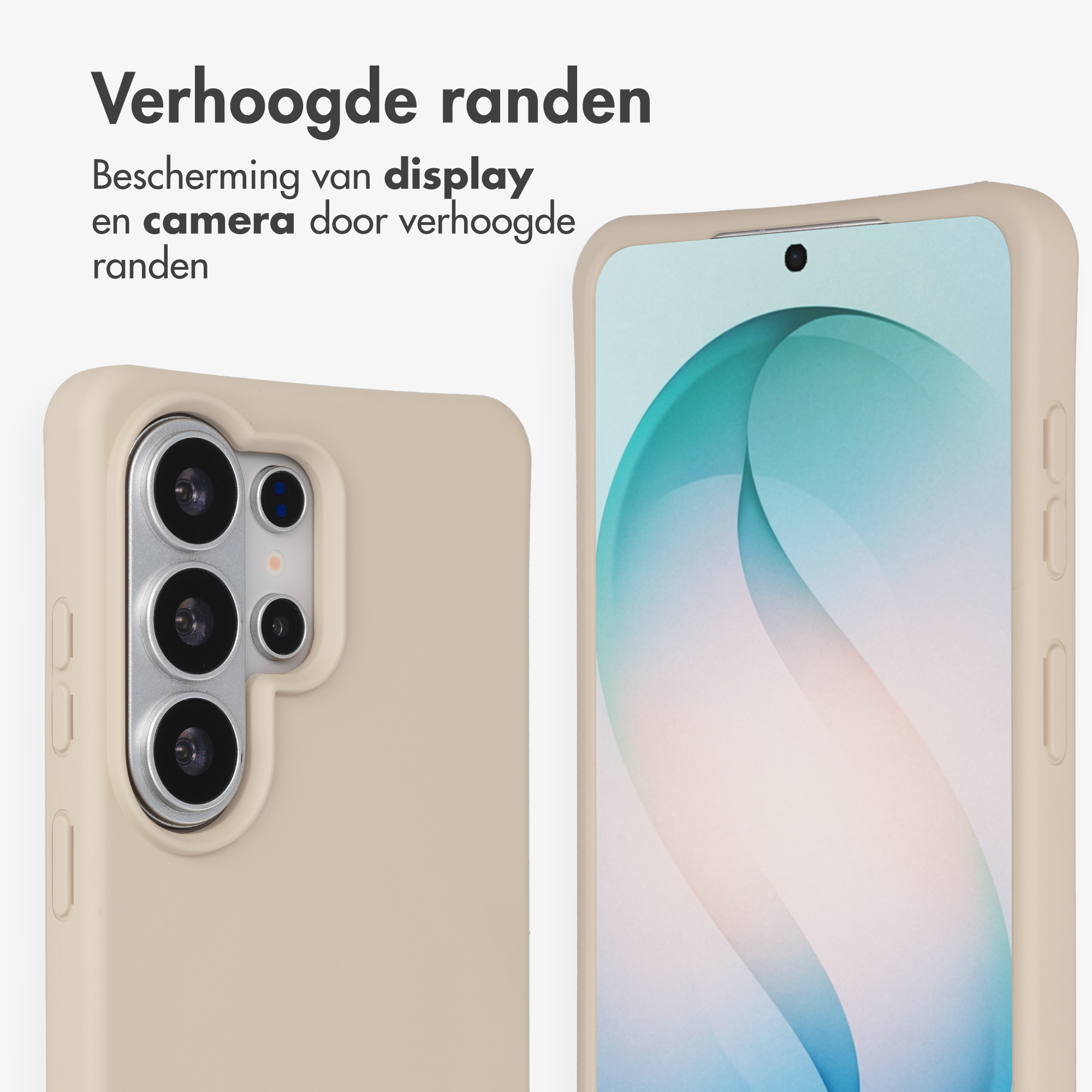 Een beige telefoonhoes toont de camera en een deel van het scherm.