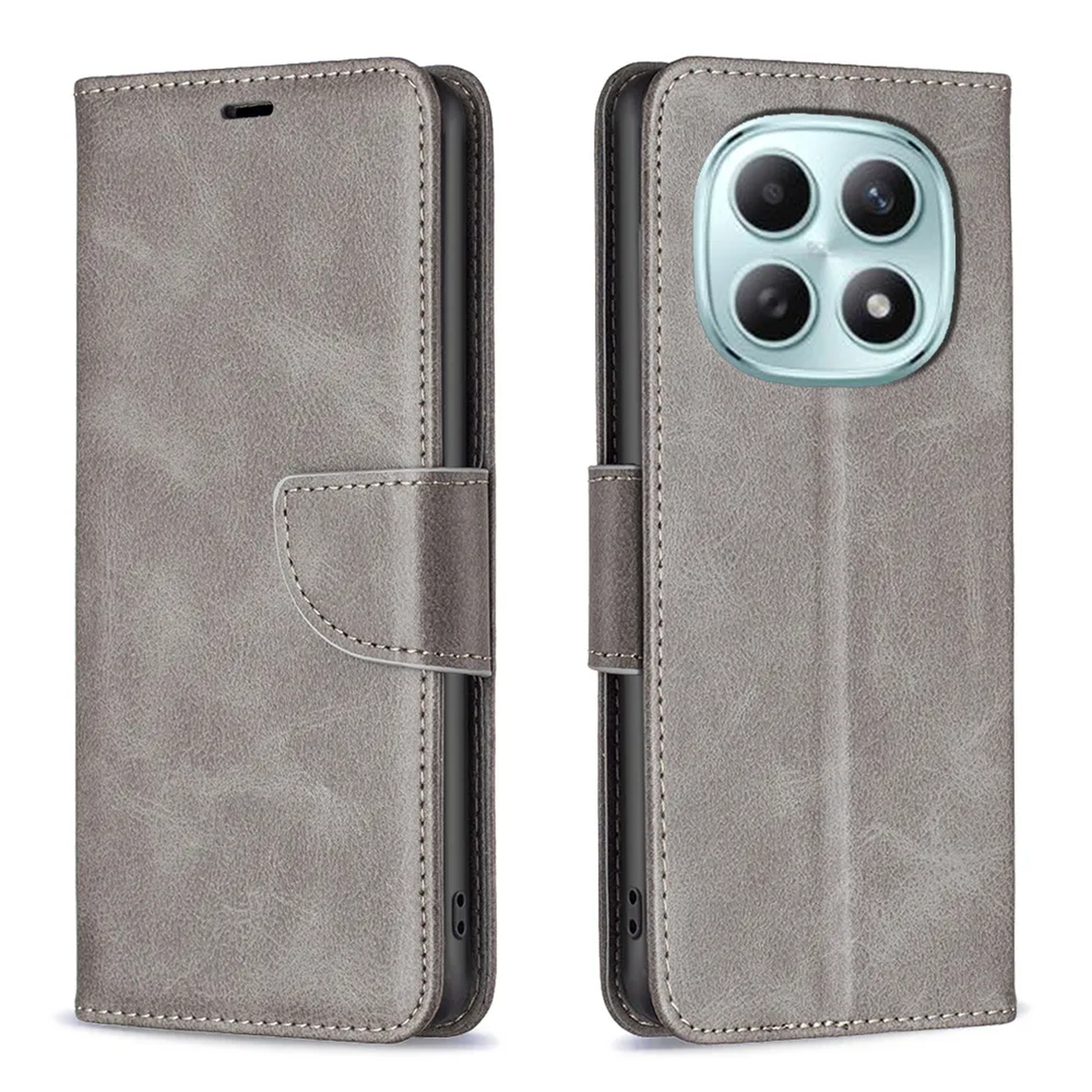 Étui de téléphone gris avec quatre caméras et un fermoir.
