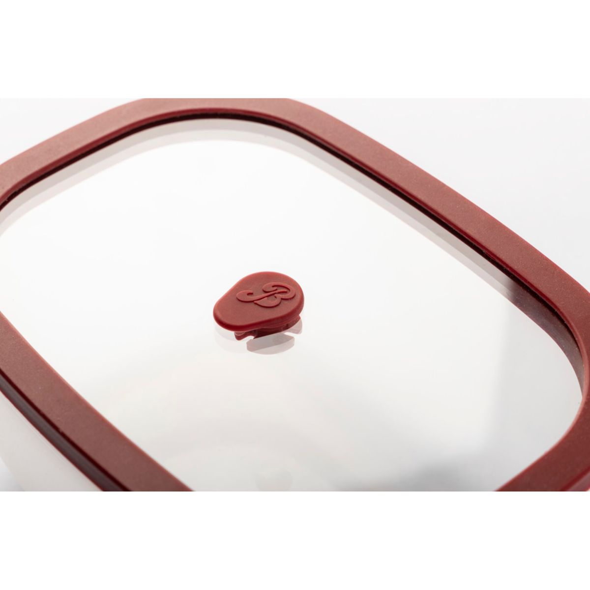 Rote Aufbewahrungsbox mit Glasdeckel und rotem Griff.