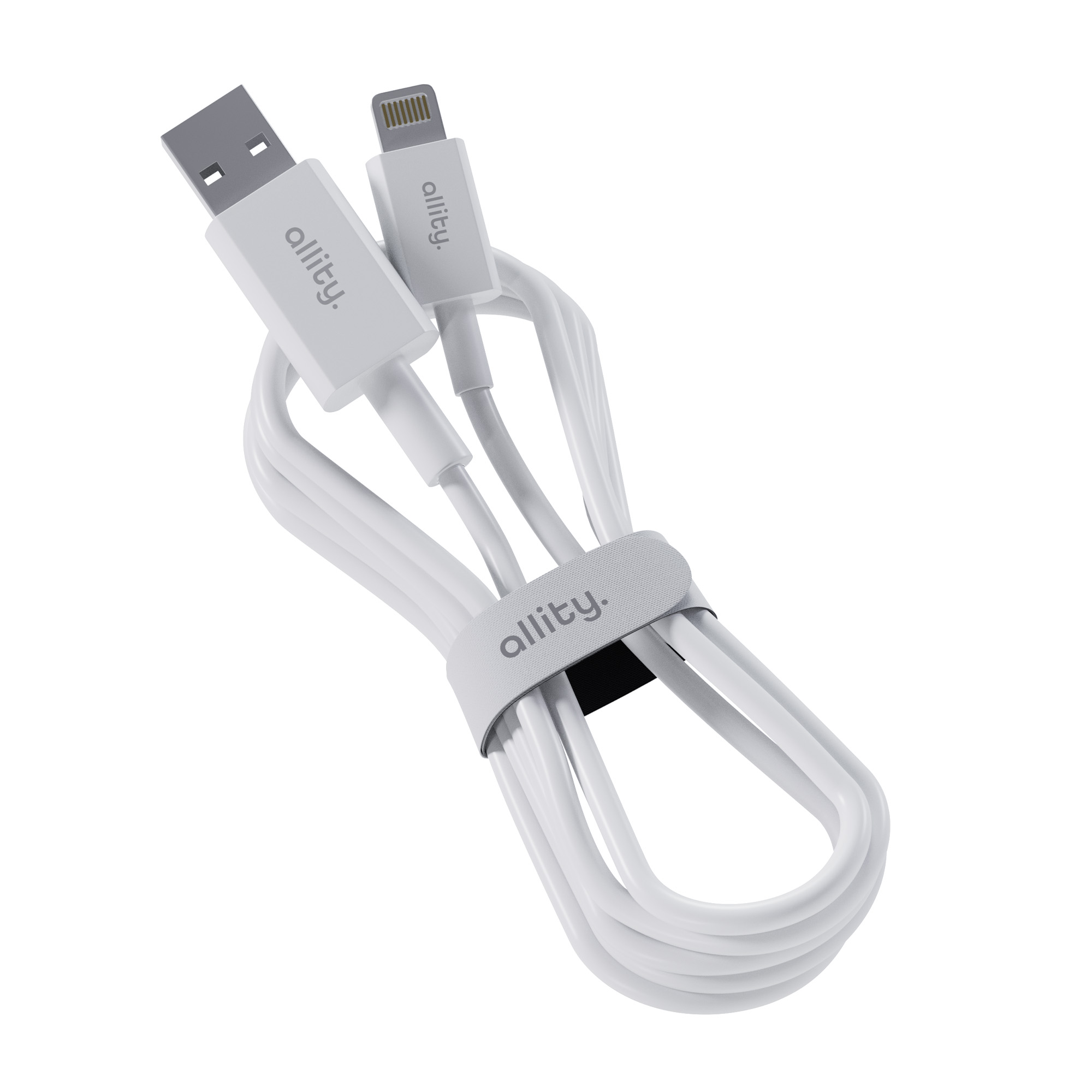 Ein weißes Ladekabel mit USB-A und Lightning-Anschluss, gebündelt mit Klettverschluss.