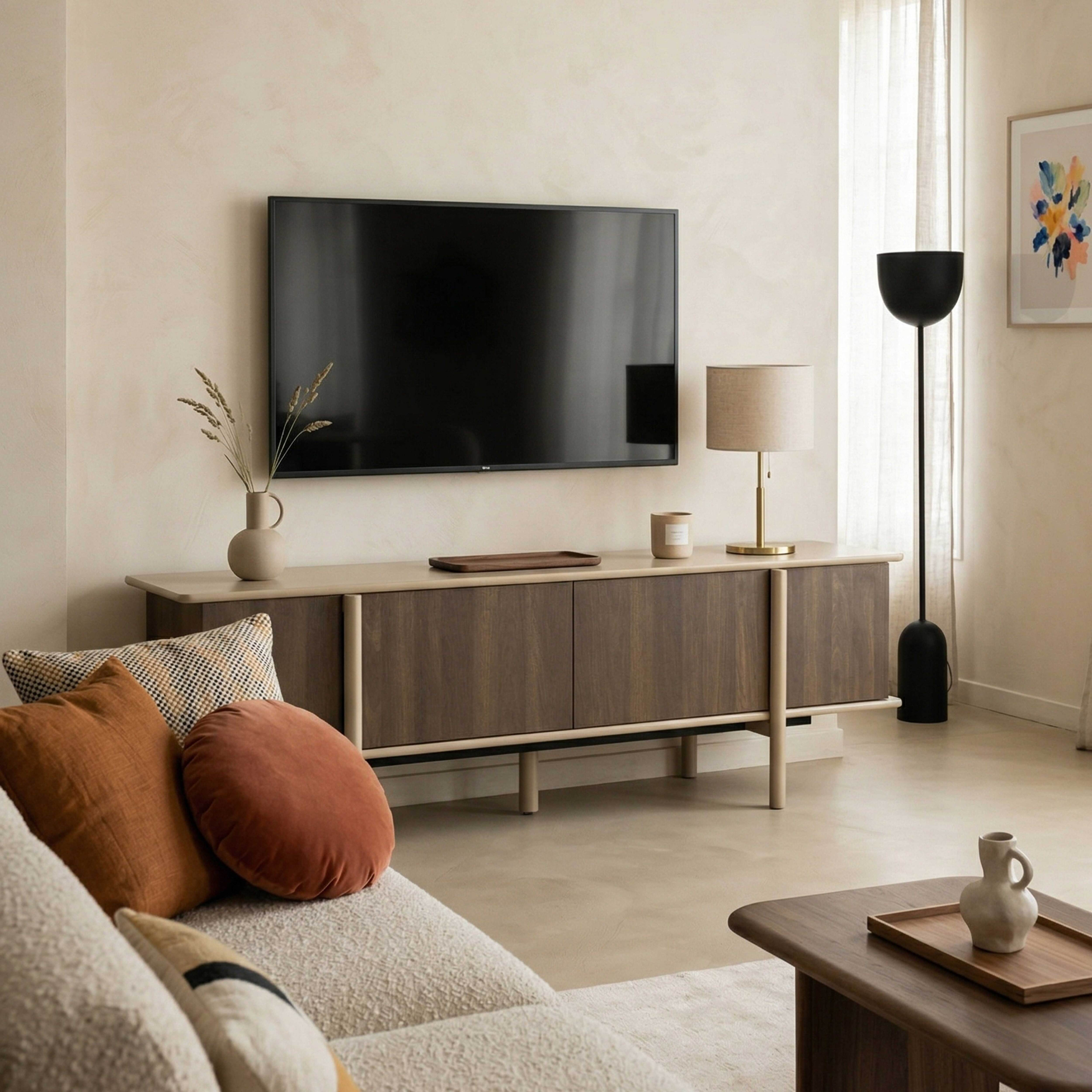 Ein modernes Wohnzimmer mit einem großen Fernseher, einem Sideboard und bequemen Kissen.