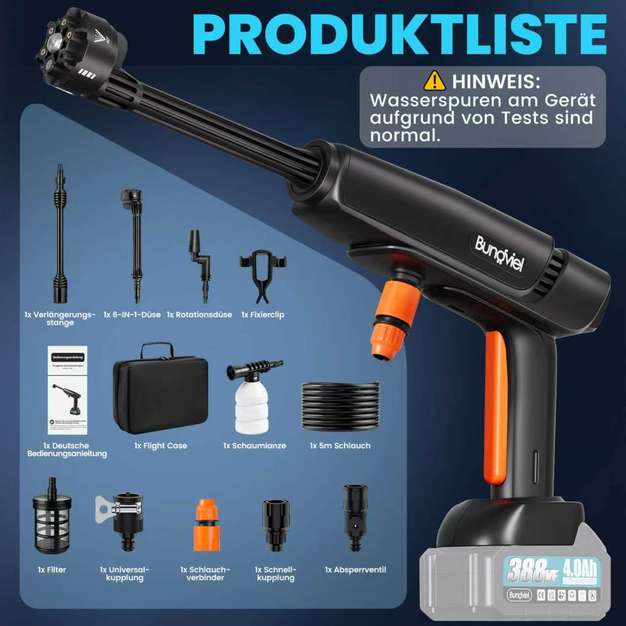 Produktliste: Hochdruckreiniger mit Zubehör wie Düsen, Schlauch, Schaumlanze und Koffer.