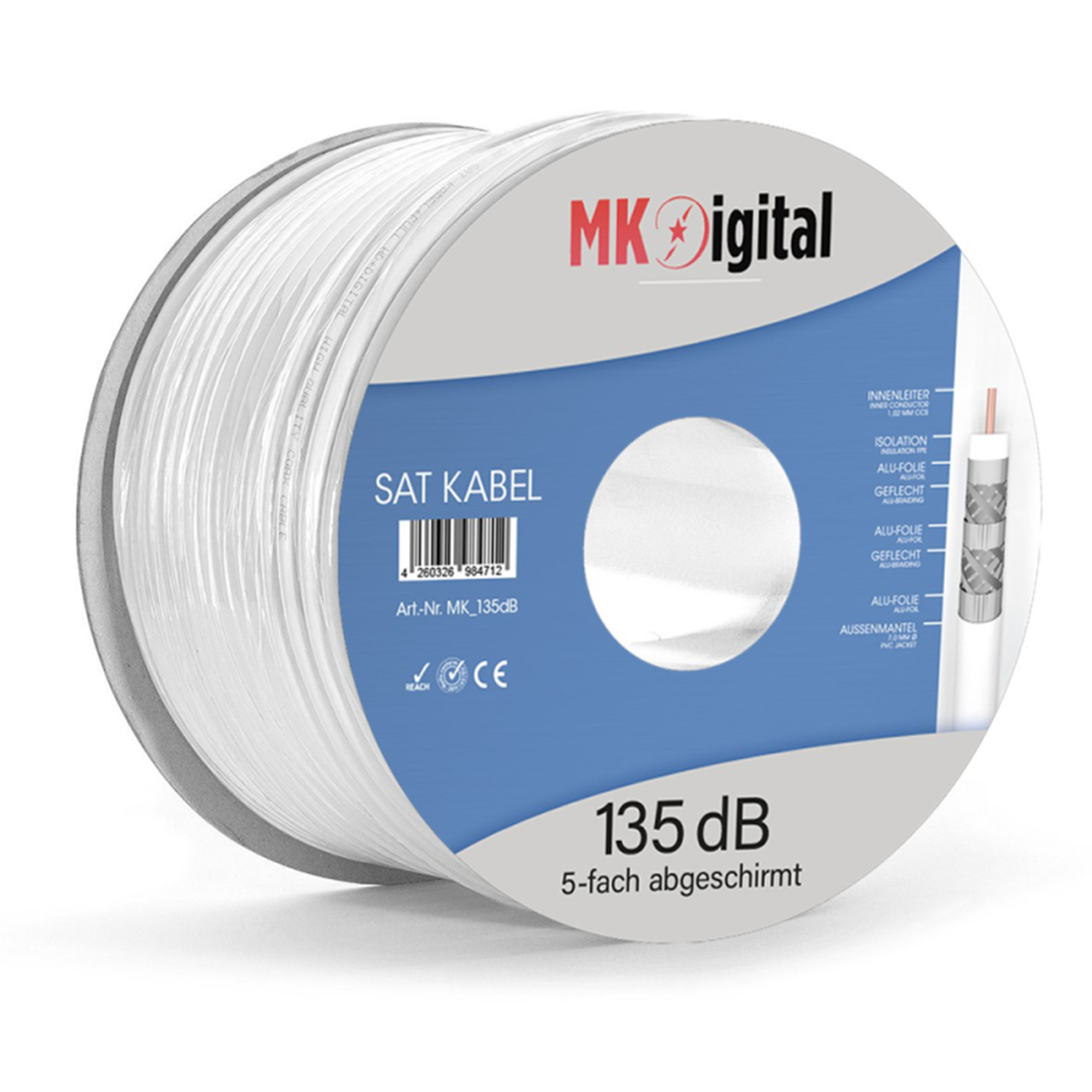Eine Rolle weißes SAT-Kabel mit MK Digital Branding, 135 dB, 5-fach geschirmt.