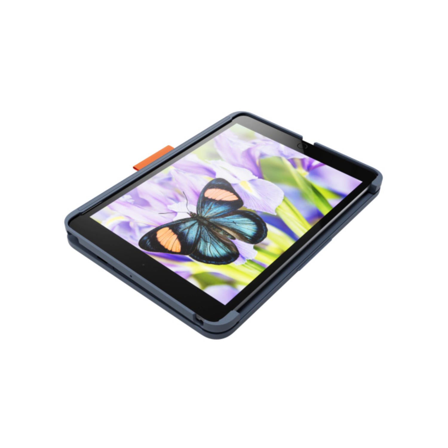 Un tablet con una farfalla blu e arancione su fiori viola.