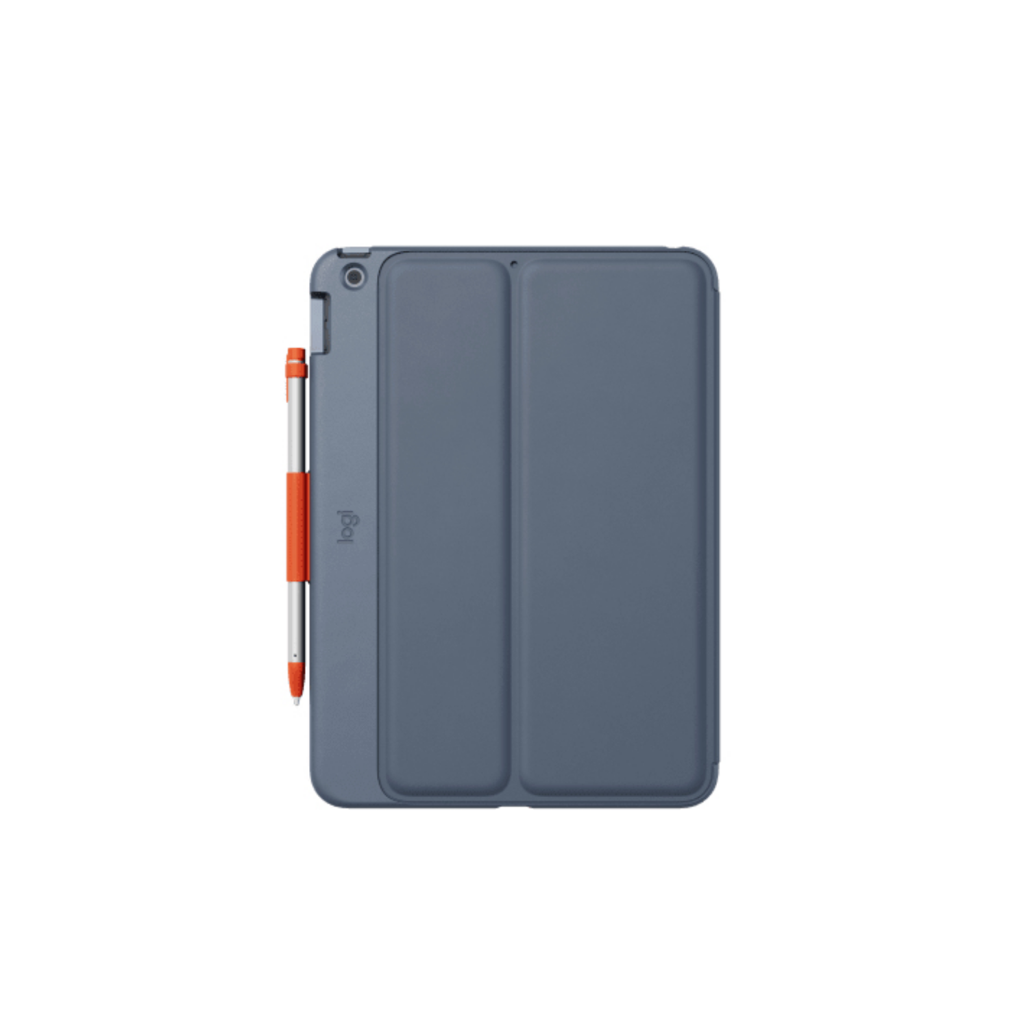 Una custodia blu per tablet con porta stilo arancione sul lato sinistro.