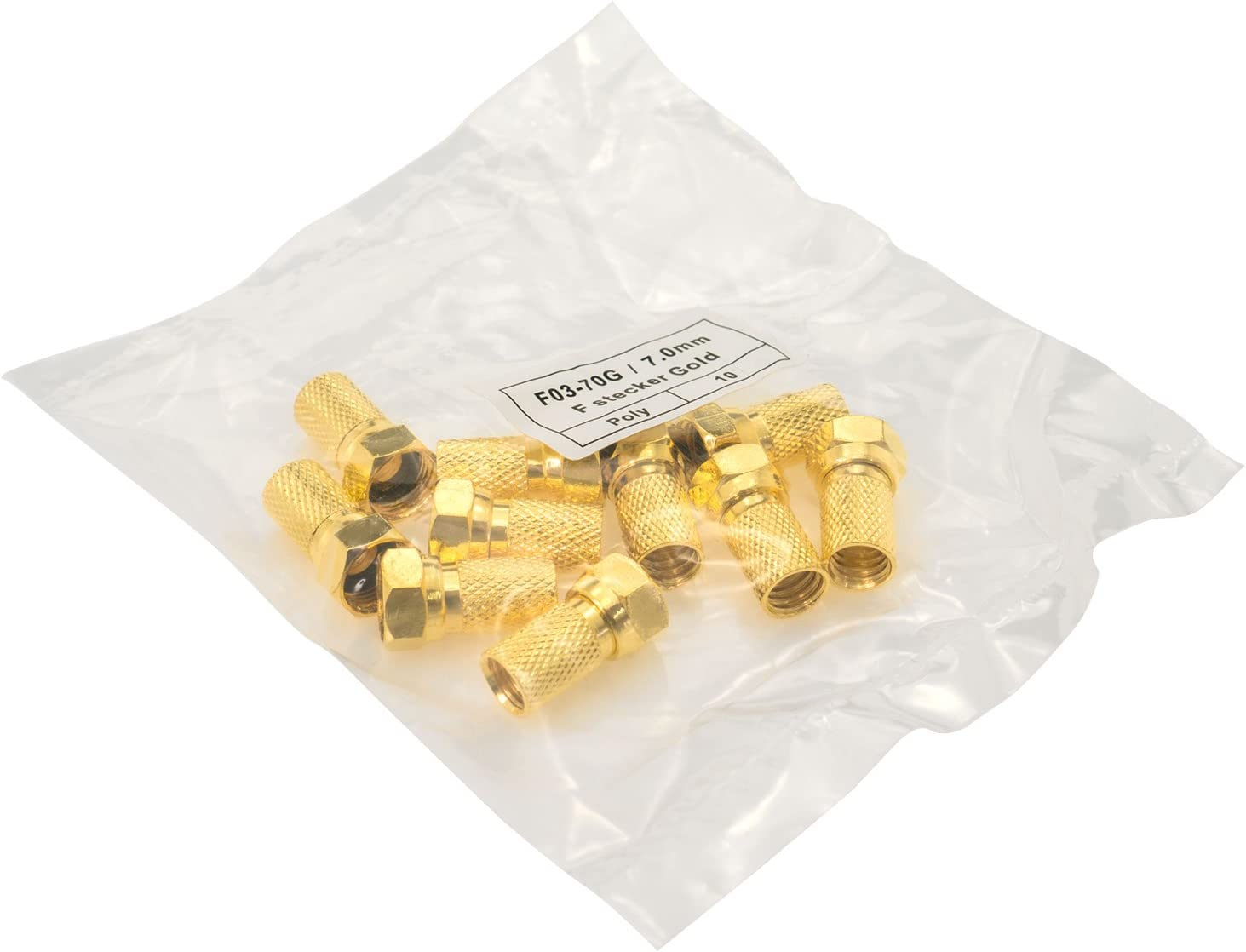 Eine Tüte mit vielen goldenen F-Steckern, die für Kabel gedacht sind.