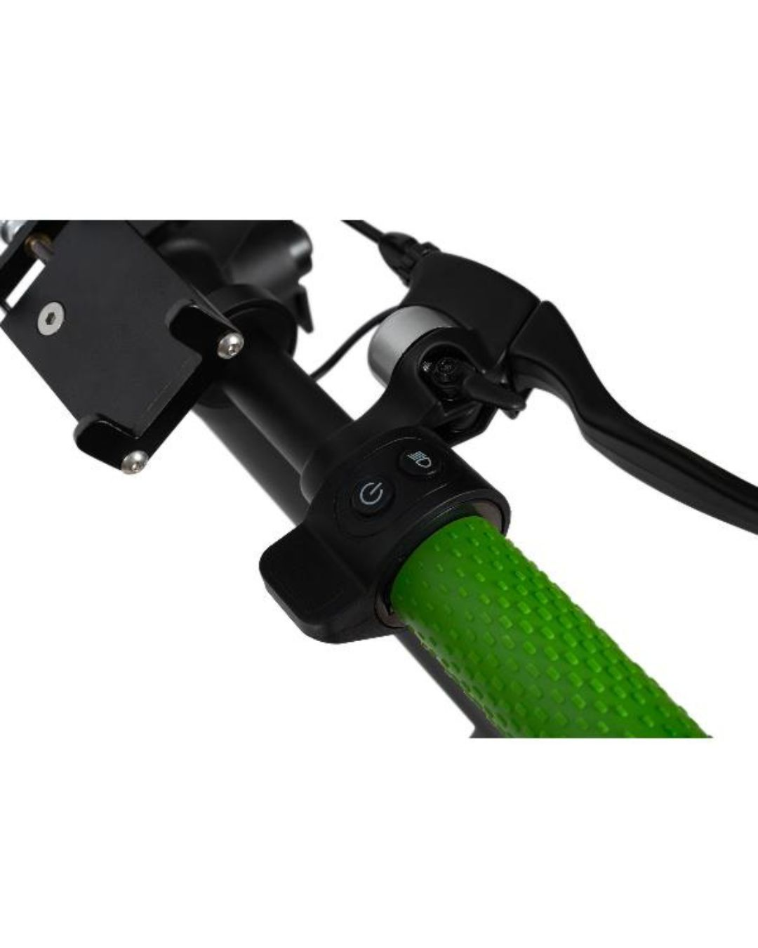 Nahaufnahme des Lenkers eines Elektrorollers mit grünen Griffen und Bedienelementen.