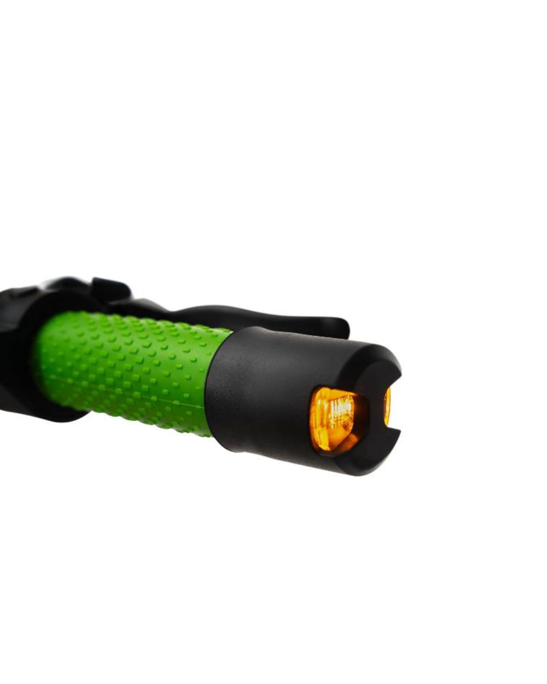 Grüner Fahrradgriff mit schwarzem Bremshebel und Blinklicht.